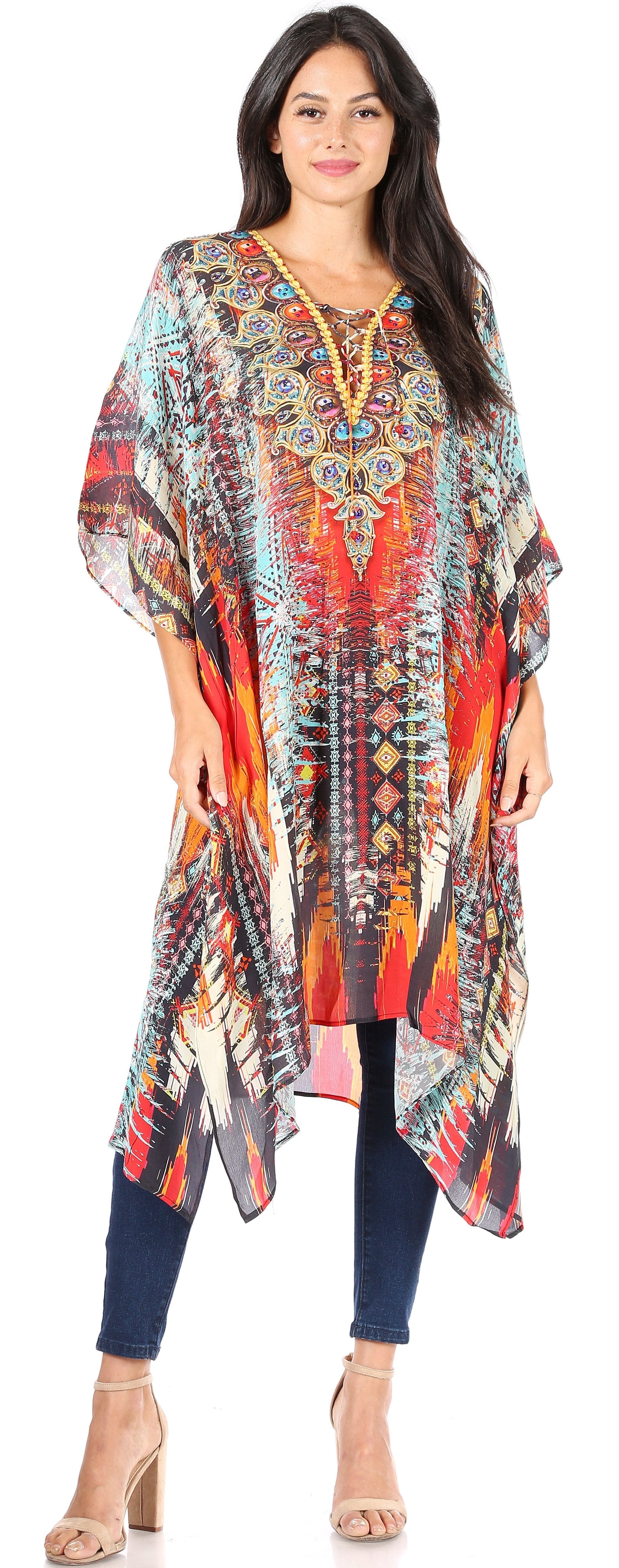 Sakkas Kristy Long Tall Lightweight Caftan Dress / Cover Up With V-Neck Jewels - Concordia Style Boutique