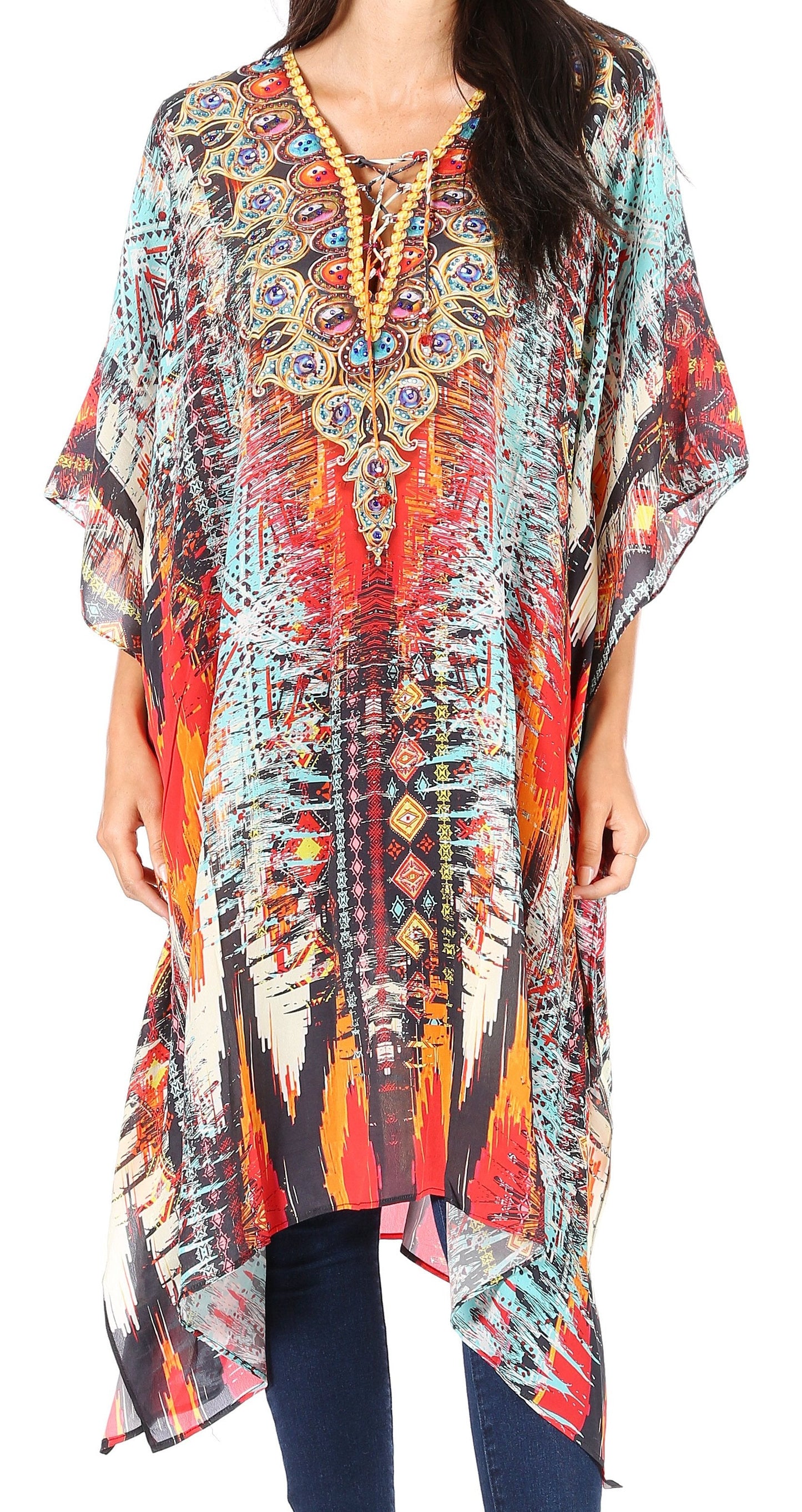 Sakkas Kristy Long Tall Lightweight Caftan Dress / Cover Up With V-Neck Jewels - Concordia Style Boutique