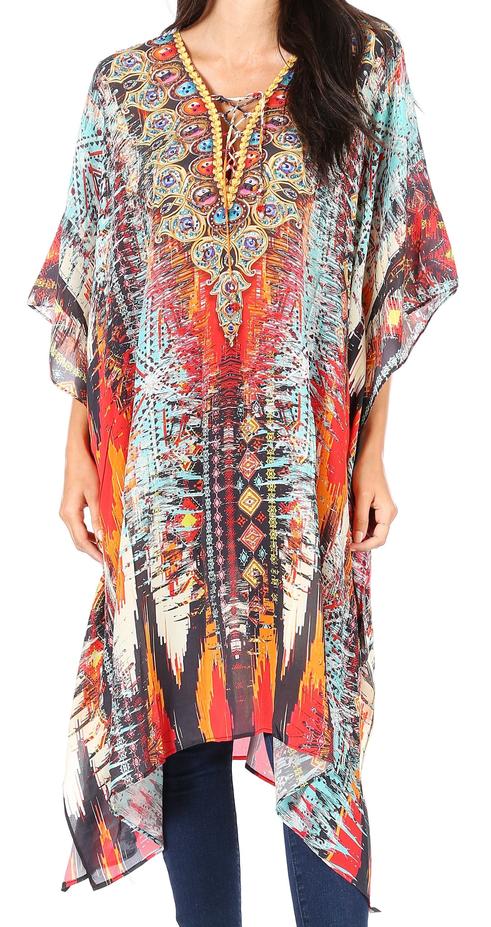 Sakkas Kristy Long Tall Lightweight Caftan Dress / Cover Up With V-Neck Jewels - Concordia Style Boutique