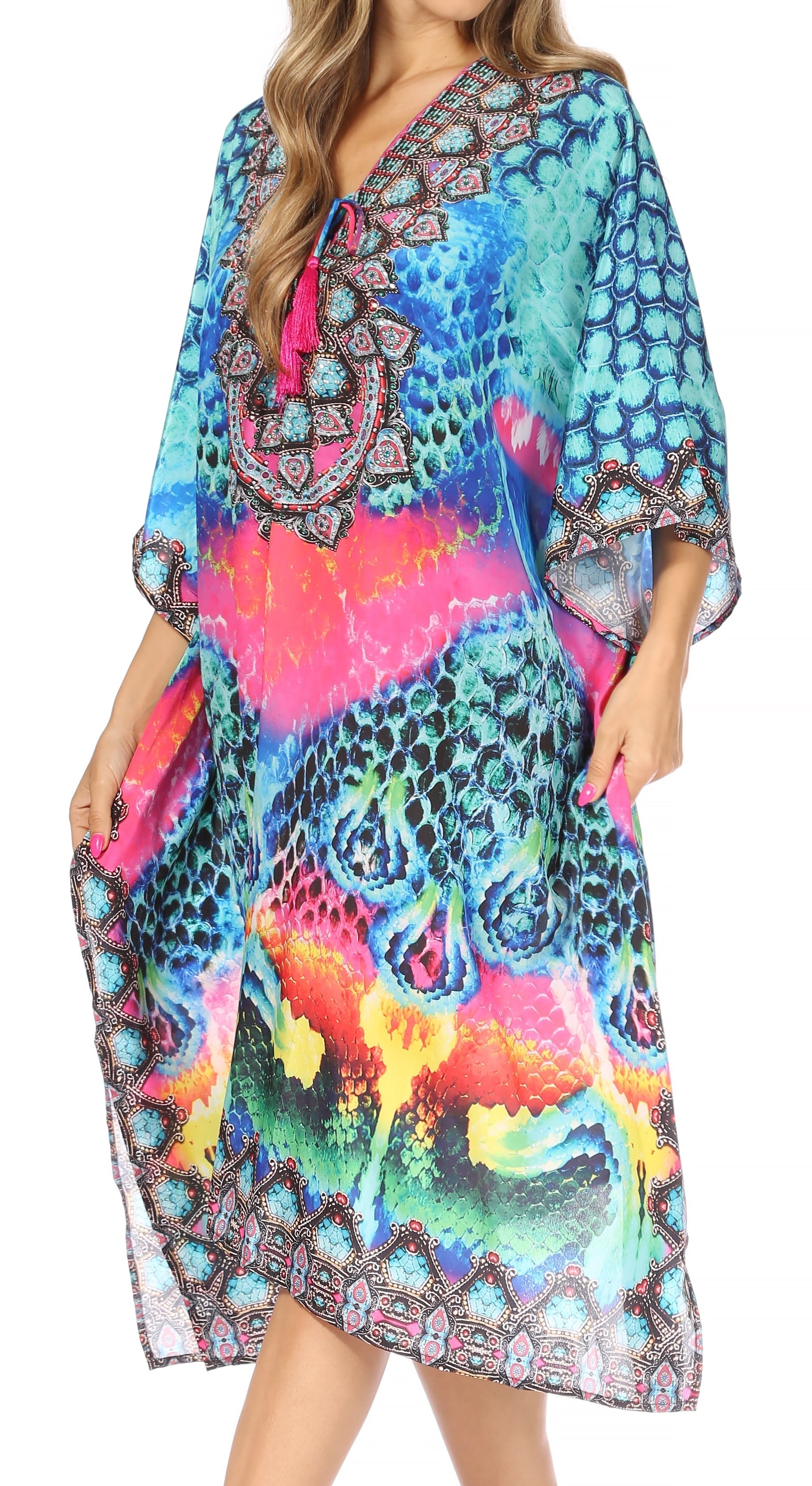 Sakkas Kristy Long Tall Lightweight Caftan Dress / Cover Up With V-Neck Jewels - Concordia Style Boutique