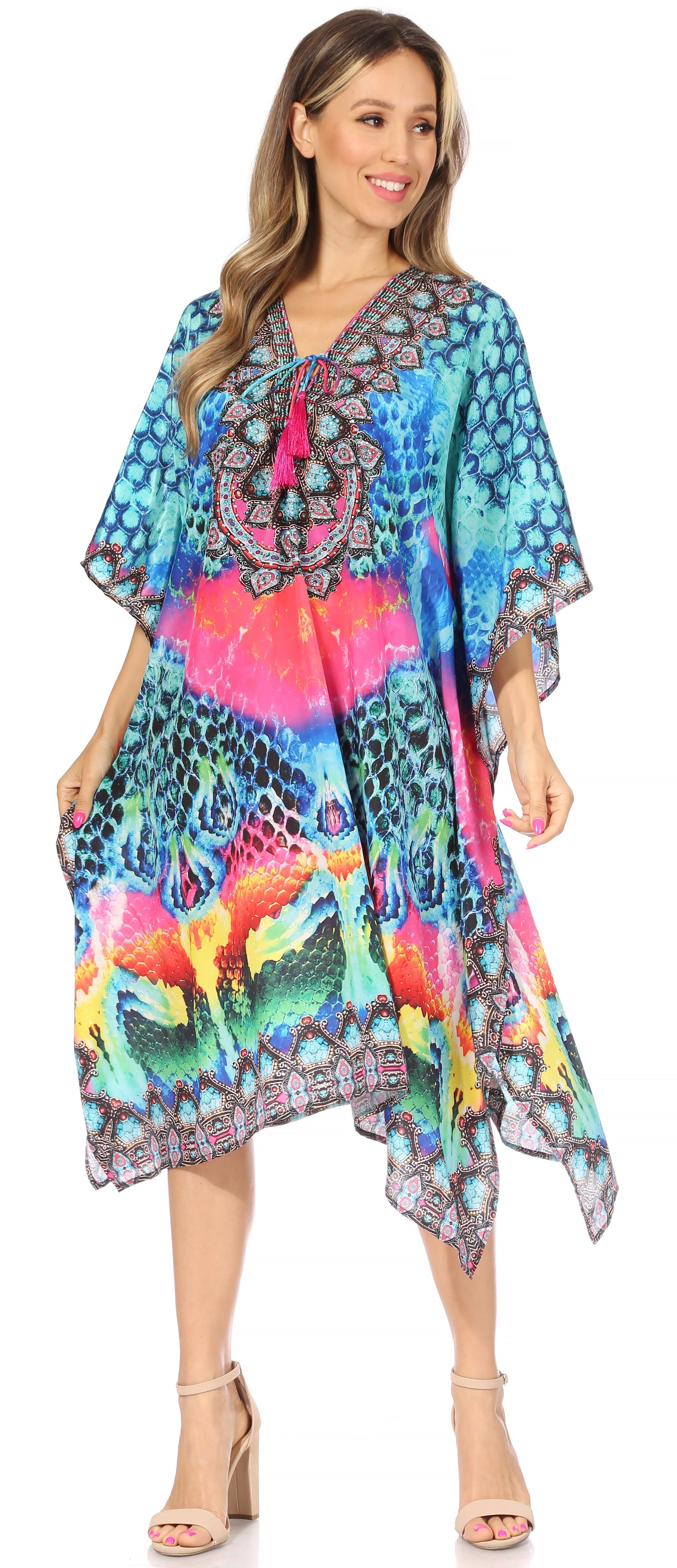 Sakkas Kristy Long Tall Lightweight Caftan Dress / Cover Up With V-Neck Jewels - Concordia Style Boutique
