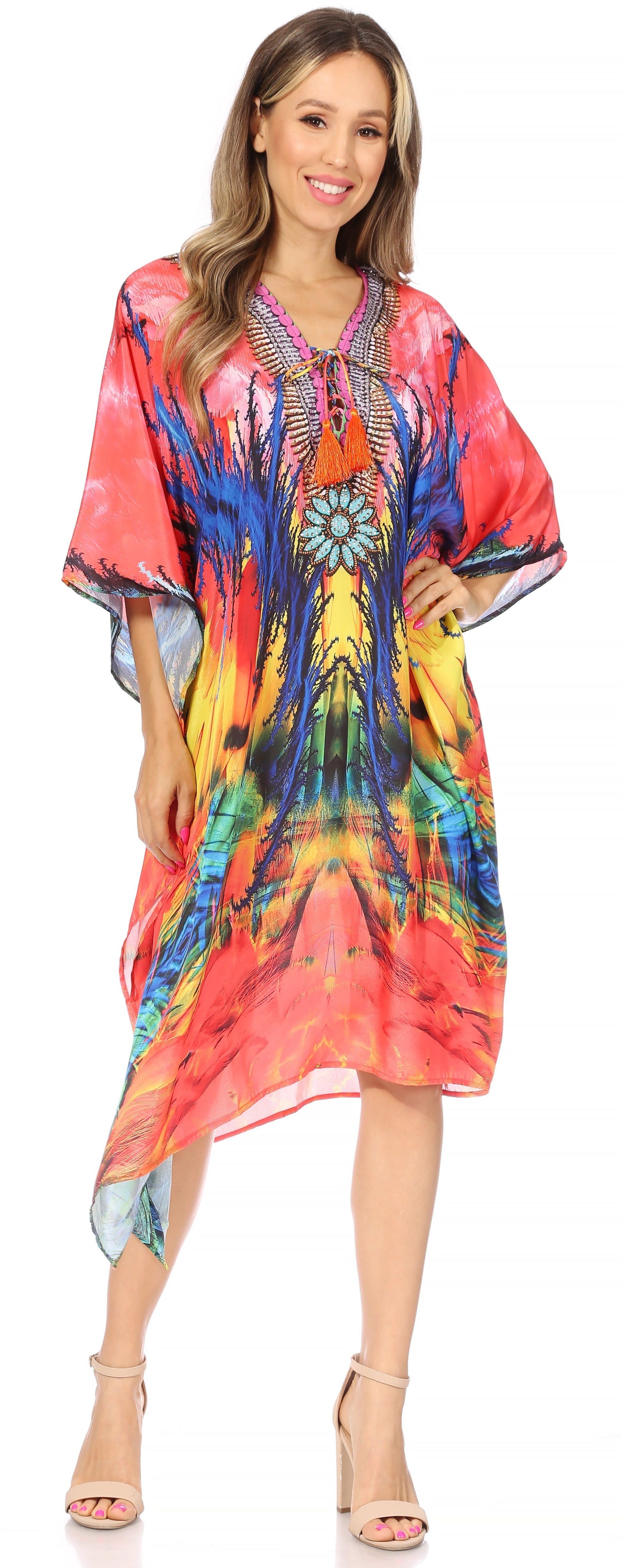 Sakkas Kristy Long Tall Lightweight Caftan Dress / Cover Up With V-Neck Jewels - Concordia Style Boutique