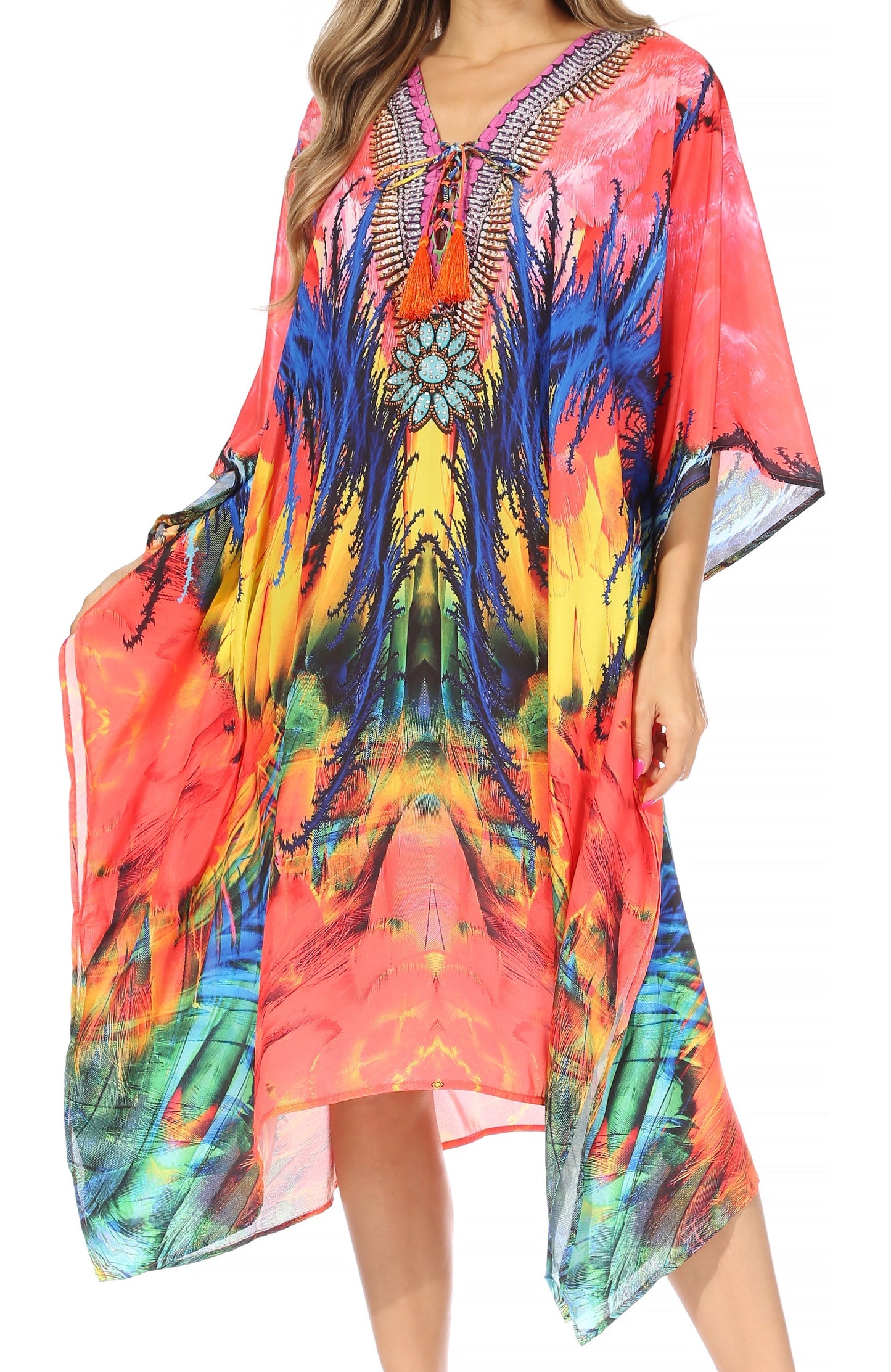 Sakkas Kristy Long Tall Lightweight Caftan Dress / Cover Up With V-Neck Jewels - Concordia Style Boutique