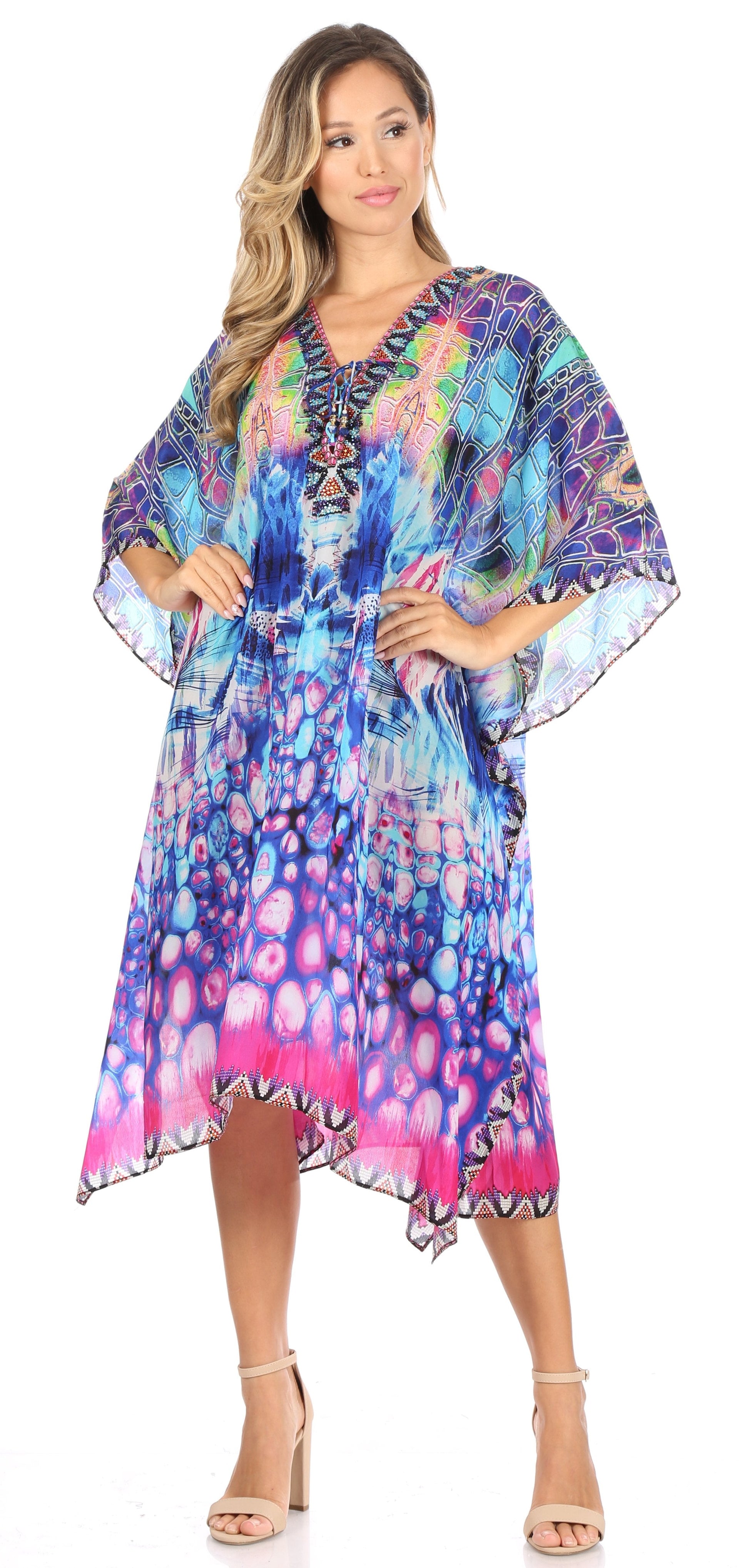 Sakkas Kristy Long Tall Lightweight Caftan Dress / Cover Up With V-Neck Jewels - Concordia Style Boutique