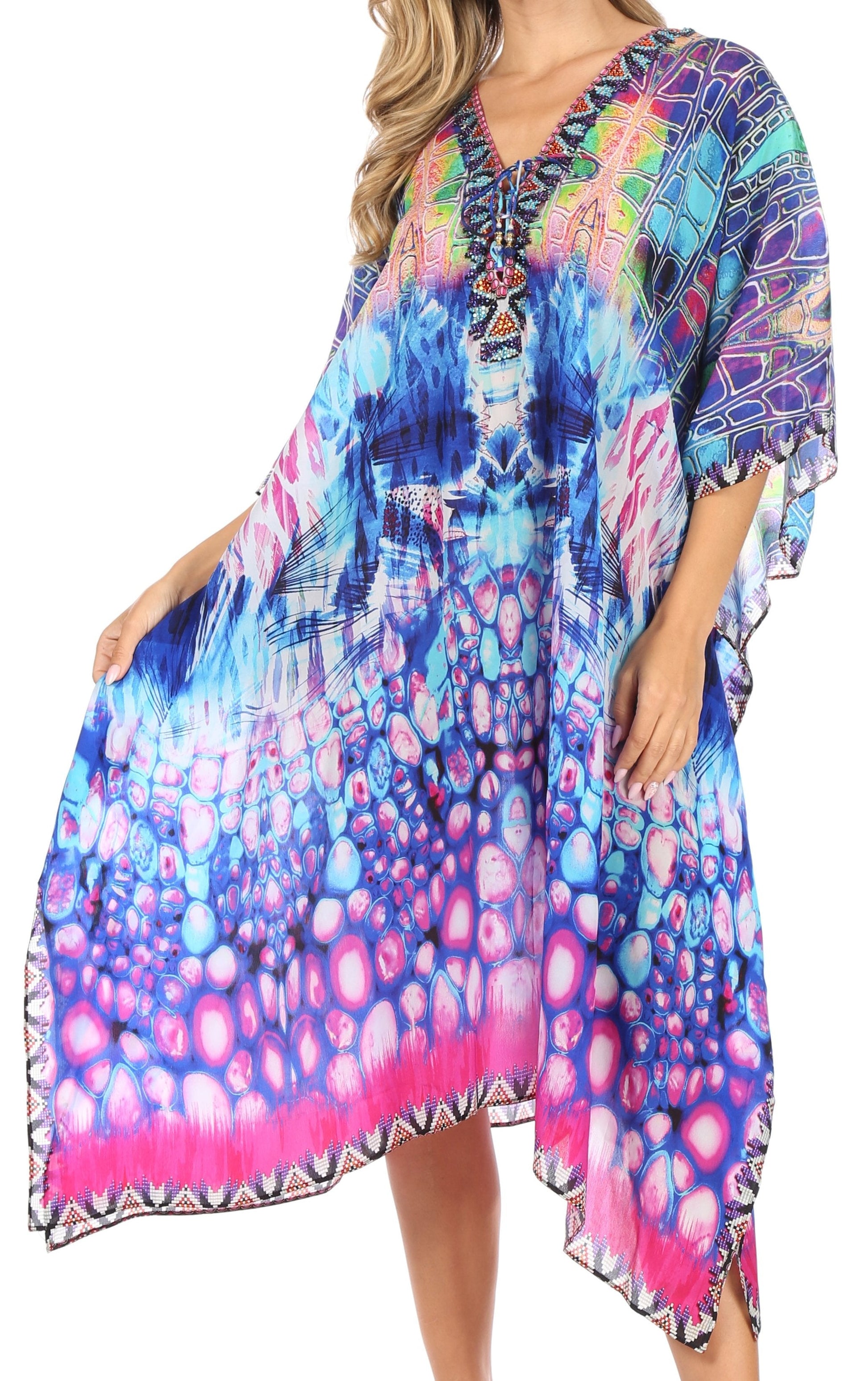 Sakkas Kristy Long Tall Lightweight Caftan Dress / Cover Up With V-Neck Jewels - Concordia Style Boutique