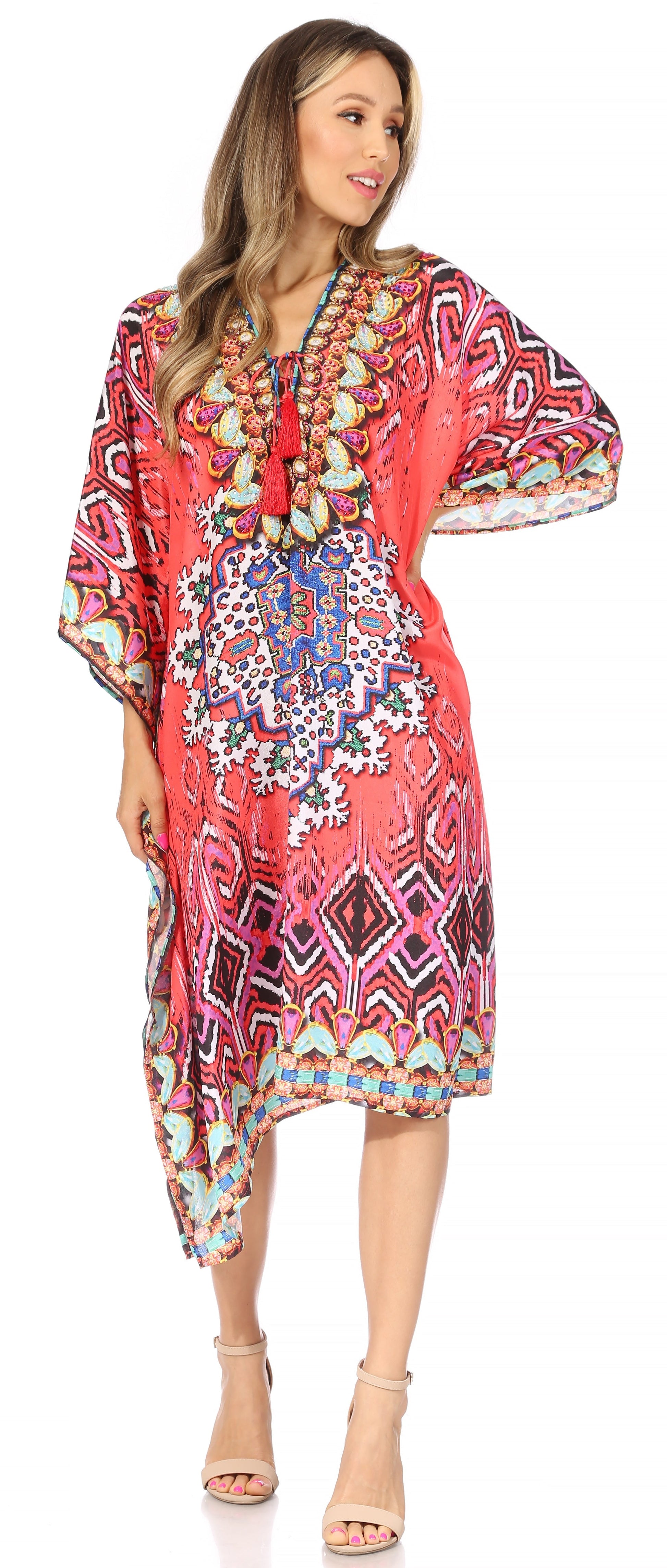 Sakkas Kristy Long Tall Lightweight Caftan Dress / Cover Up With V-Neck Jewels - Concordia Style Boutique