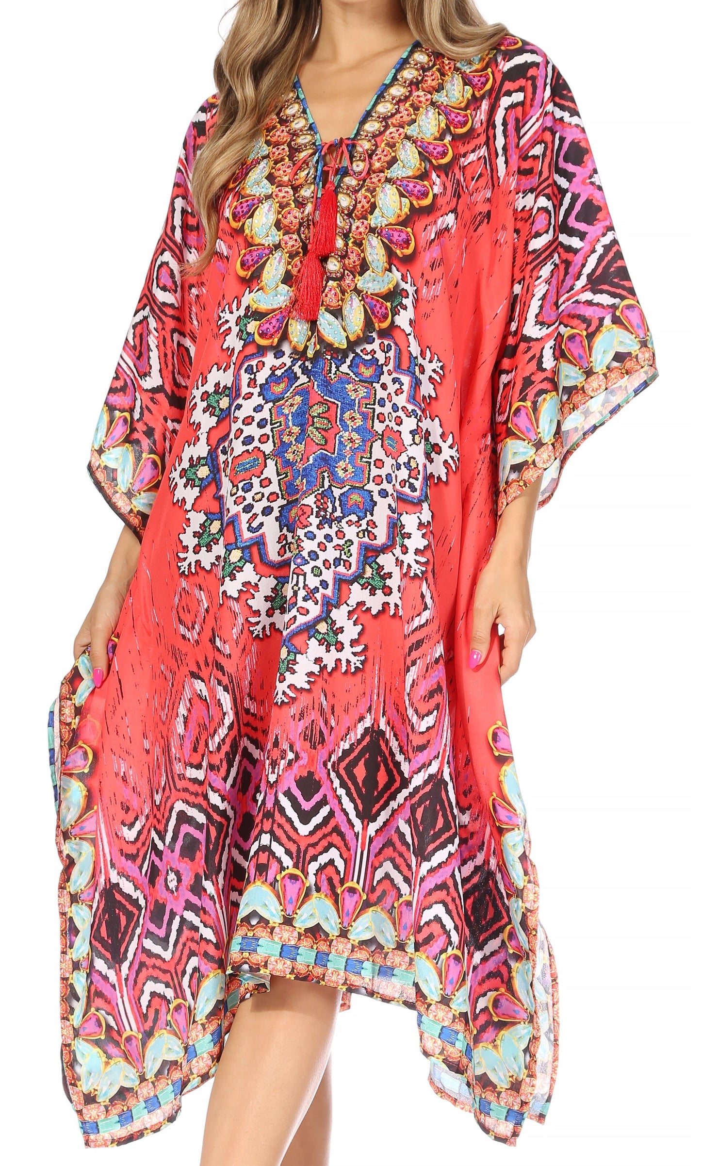 Sakkas Kristy Long Tall Lightweight Caftan Dress / Cover Up With V-Neck Jewels - Concordia Style Boutique