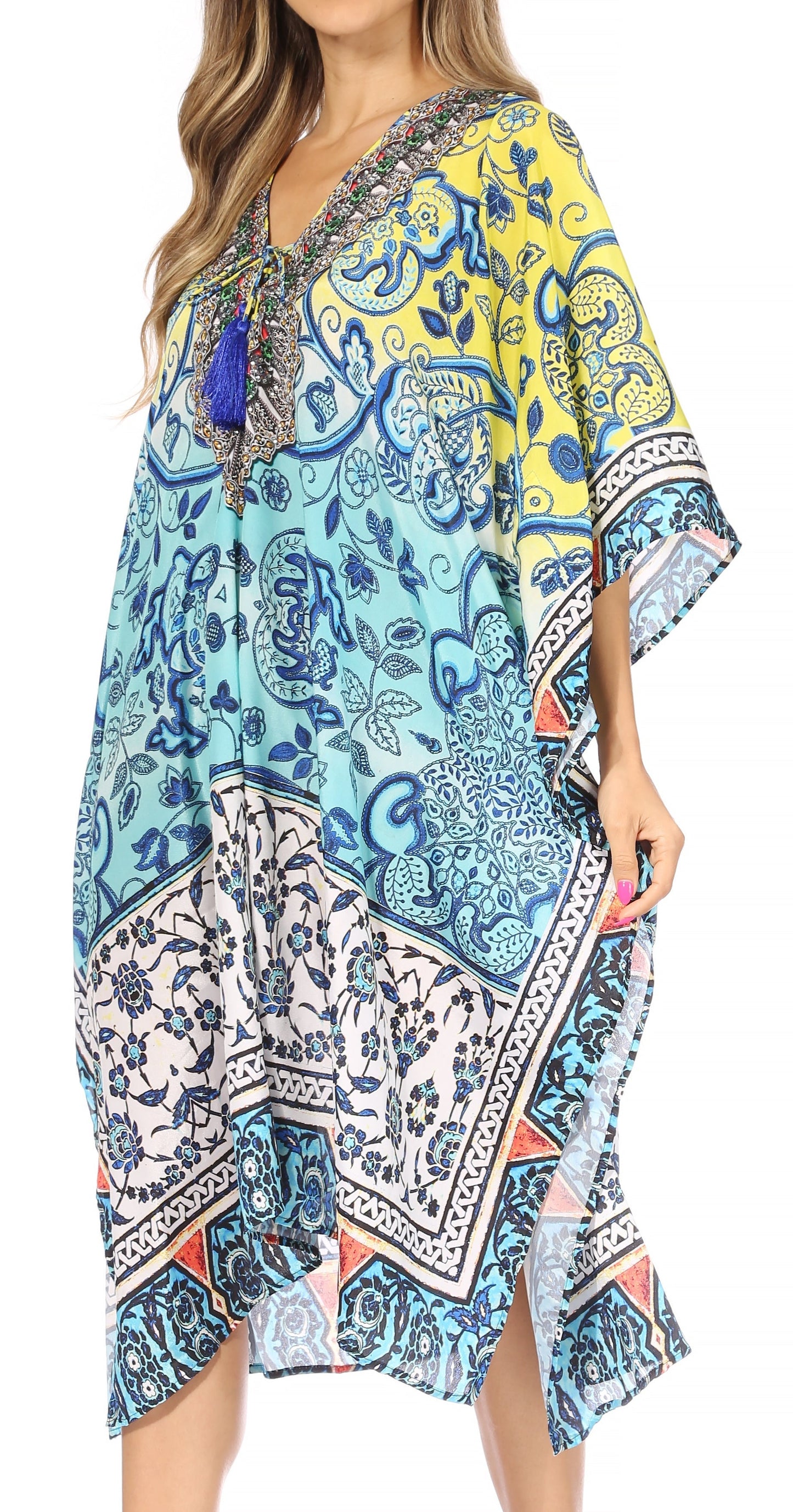 Sakkas Kristy Long Tall Lightweight Caftan Dress / Cover Up With V-Neck Jewels - Concordia Style Boutique