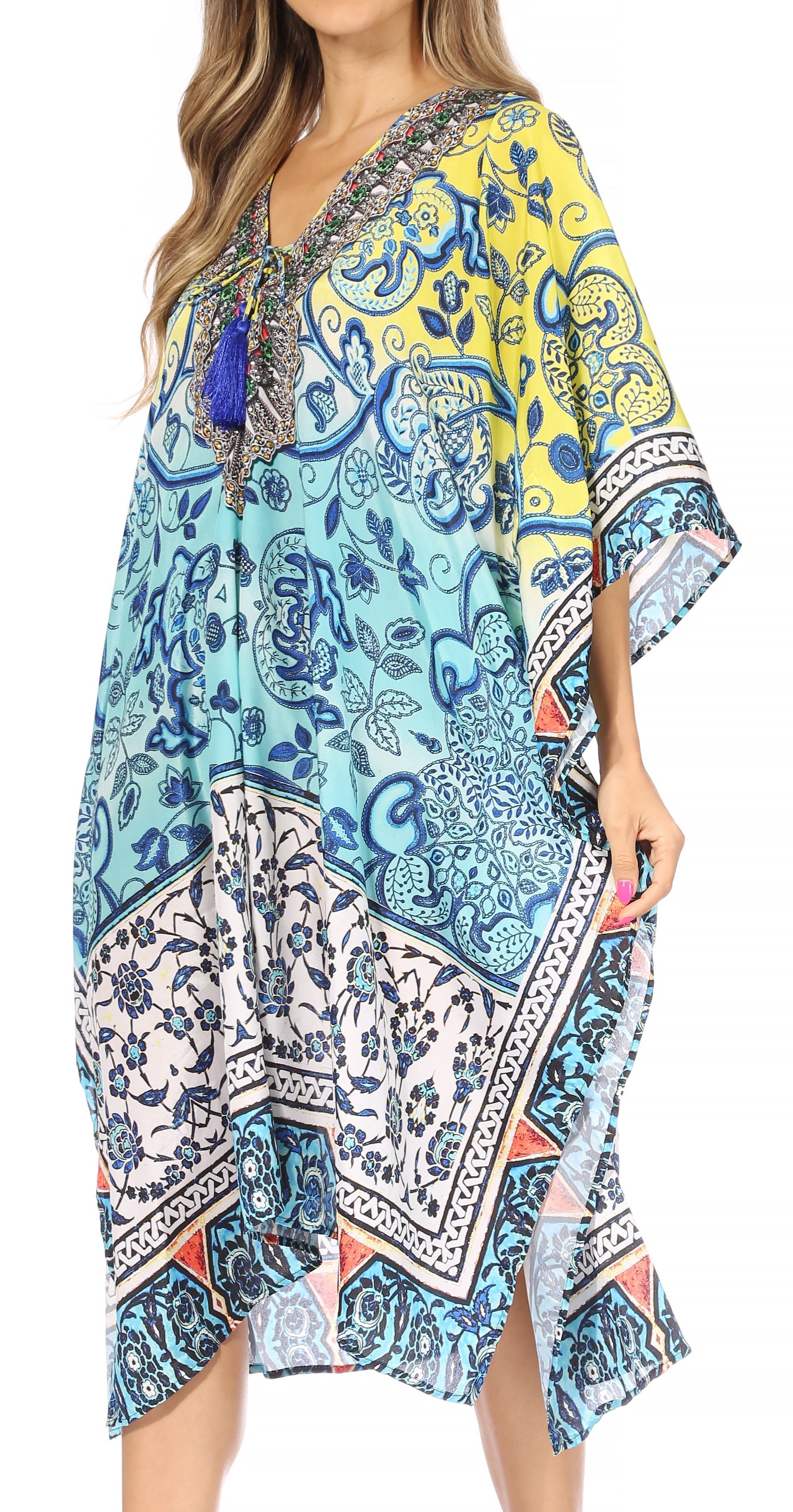 Sakkas Kristy Long Tall Lightweight Caftan Dress / Cover Up With V-Neck Jewels - Concordia Style Boutique