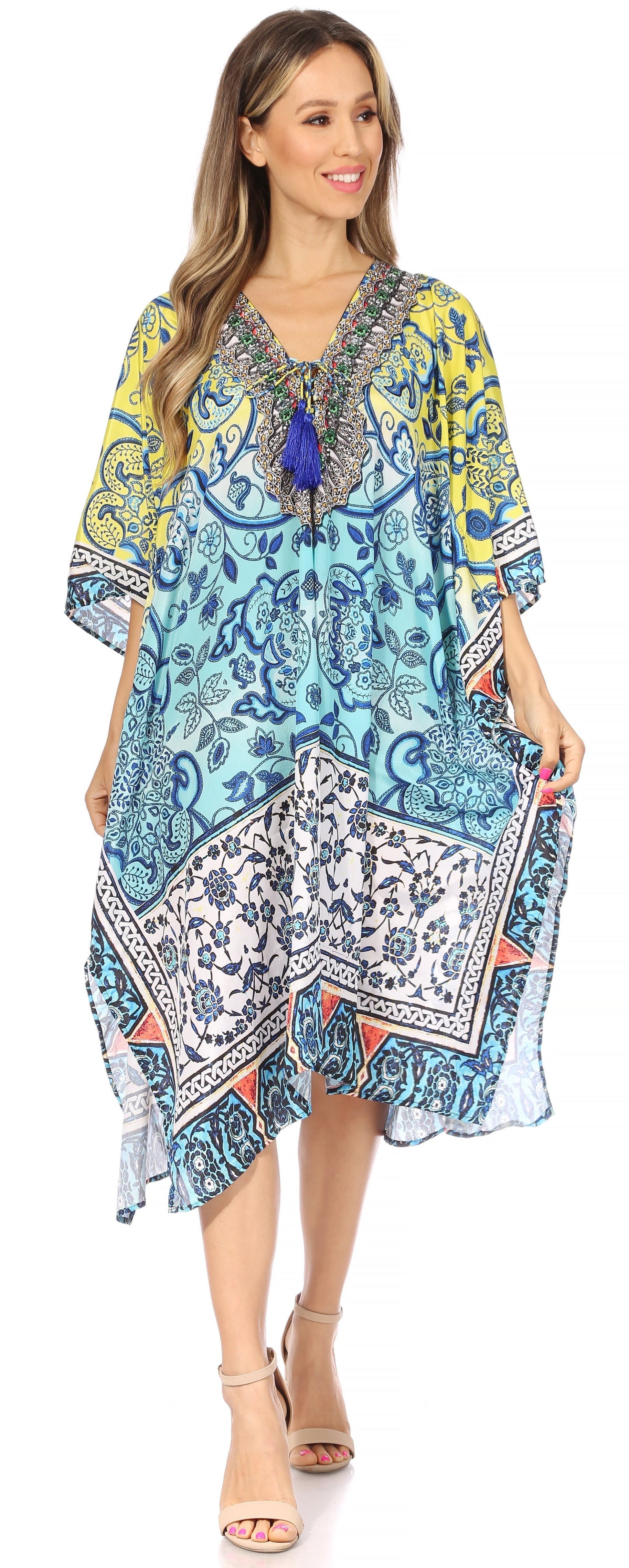 Sakkas Kristy Long Tall Lightweight Caftan Dress / Cover Up With V-Neck Jewels - Concordia Style Boutique