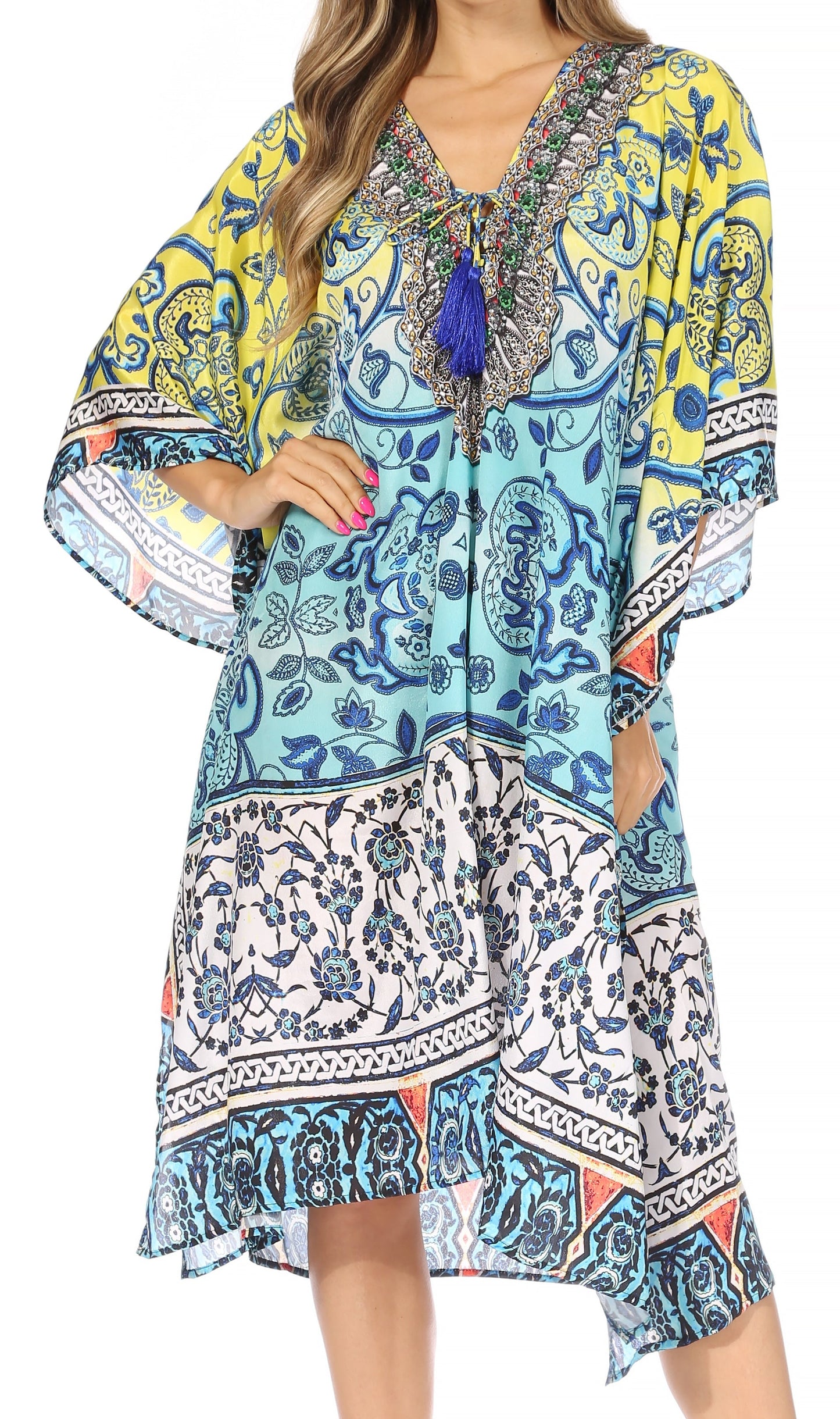 Sakkas Kristy Long Tall Lightweight Caftan Dress / Cover Up With V-Neck Jewels - Concordia Style Boutique