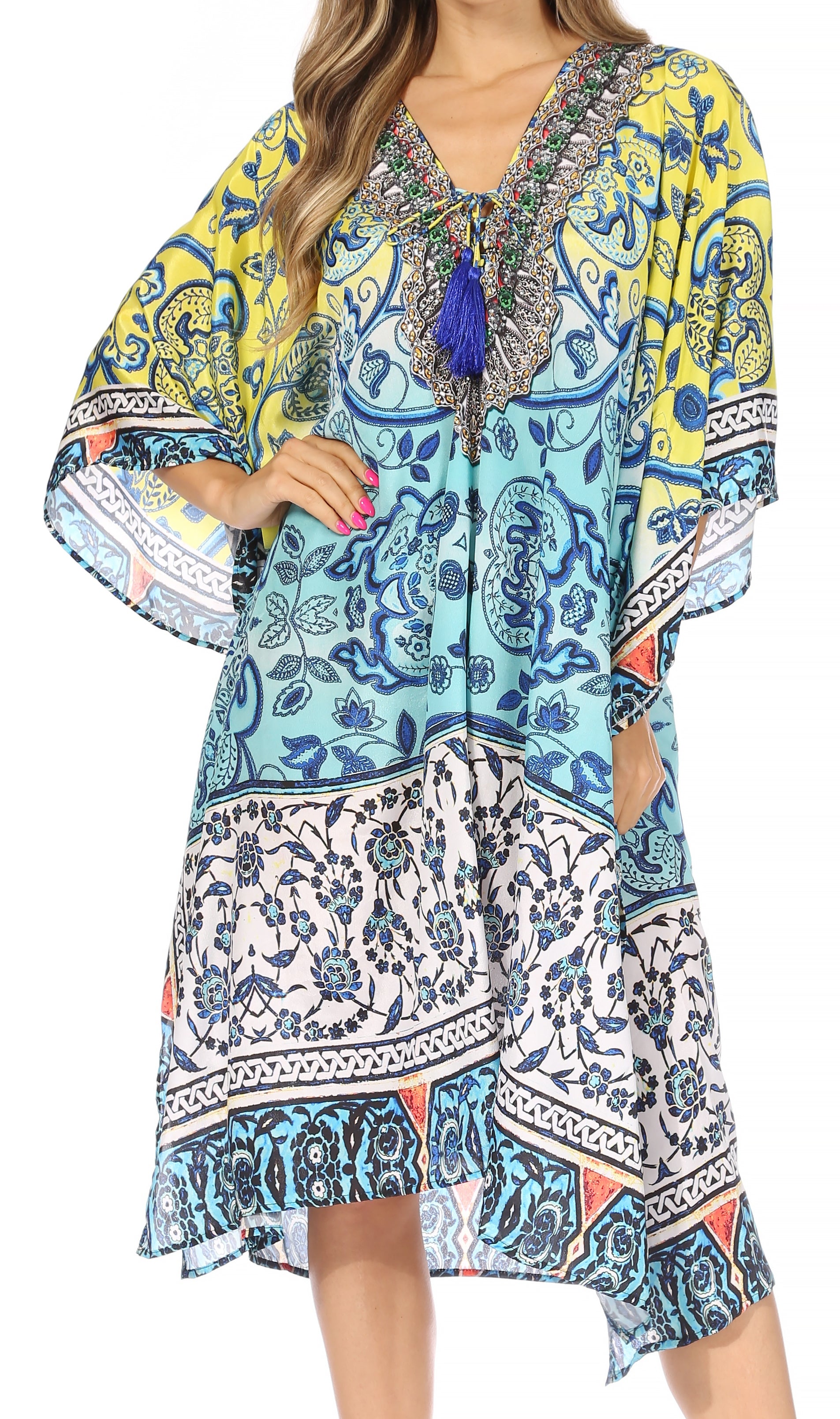 Sakkas Kristy Long Tall Lightweight Caftan Dress / Cover Up With V-Neck Jewels - Concordia Style Boutique