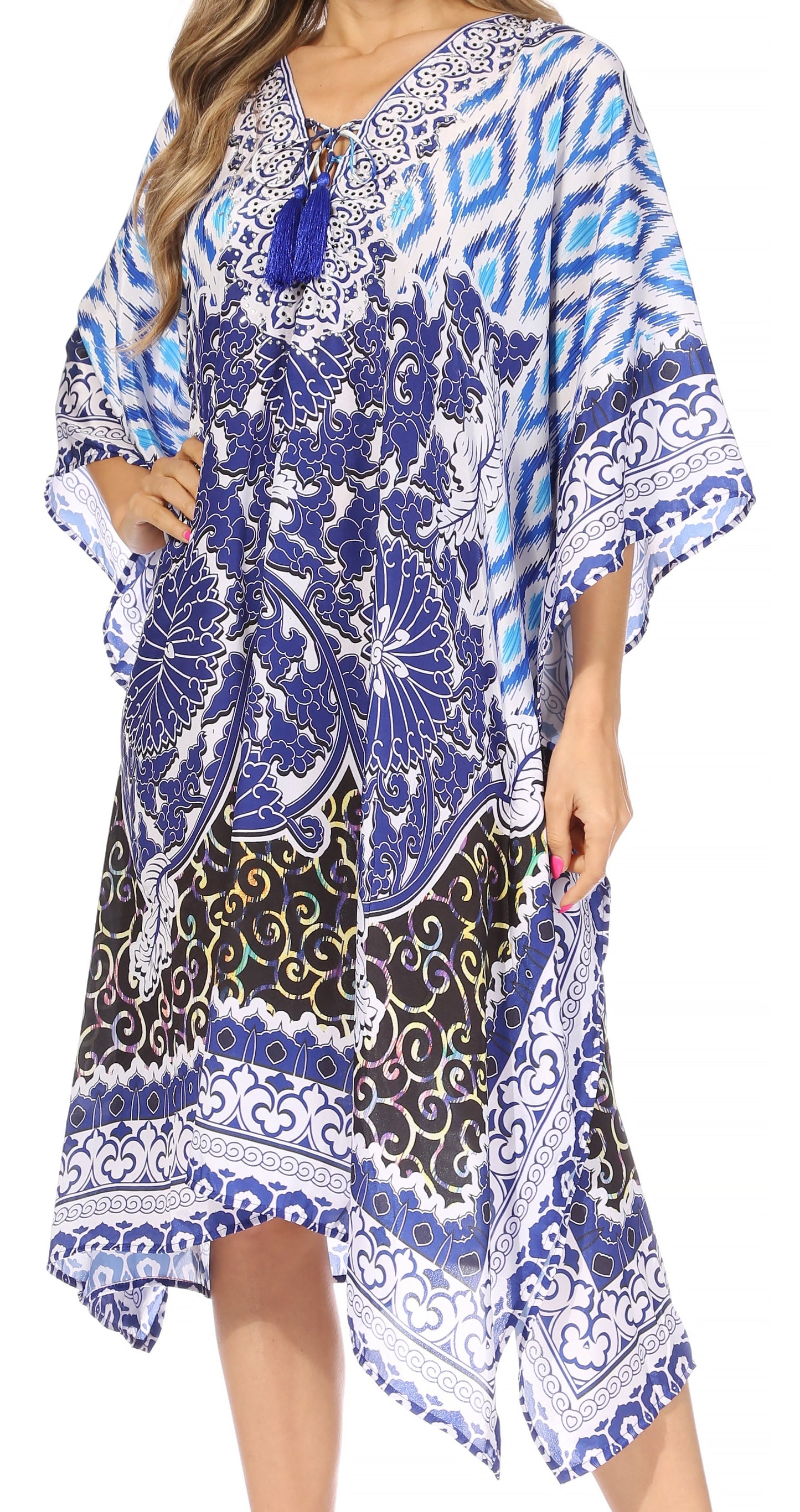 Sakkas Kristy Long Tall Lightweight Caftan Dress / Cover Up With V-Neck Jewels - Concordia Style Boutique