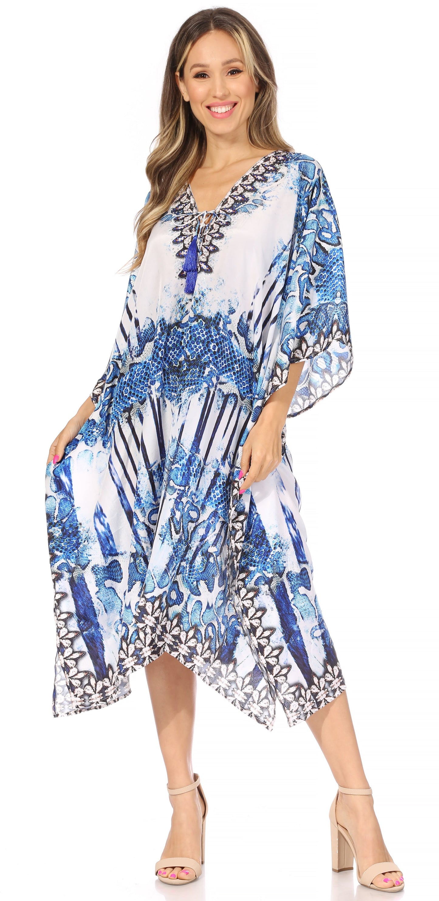 Sakkas Kristy Long Tall Lightweight Caftan Dress / Cover Up With V-Neck Jewels - Concordia Style Boutique