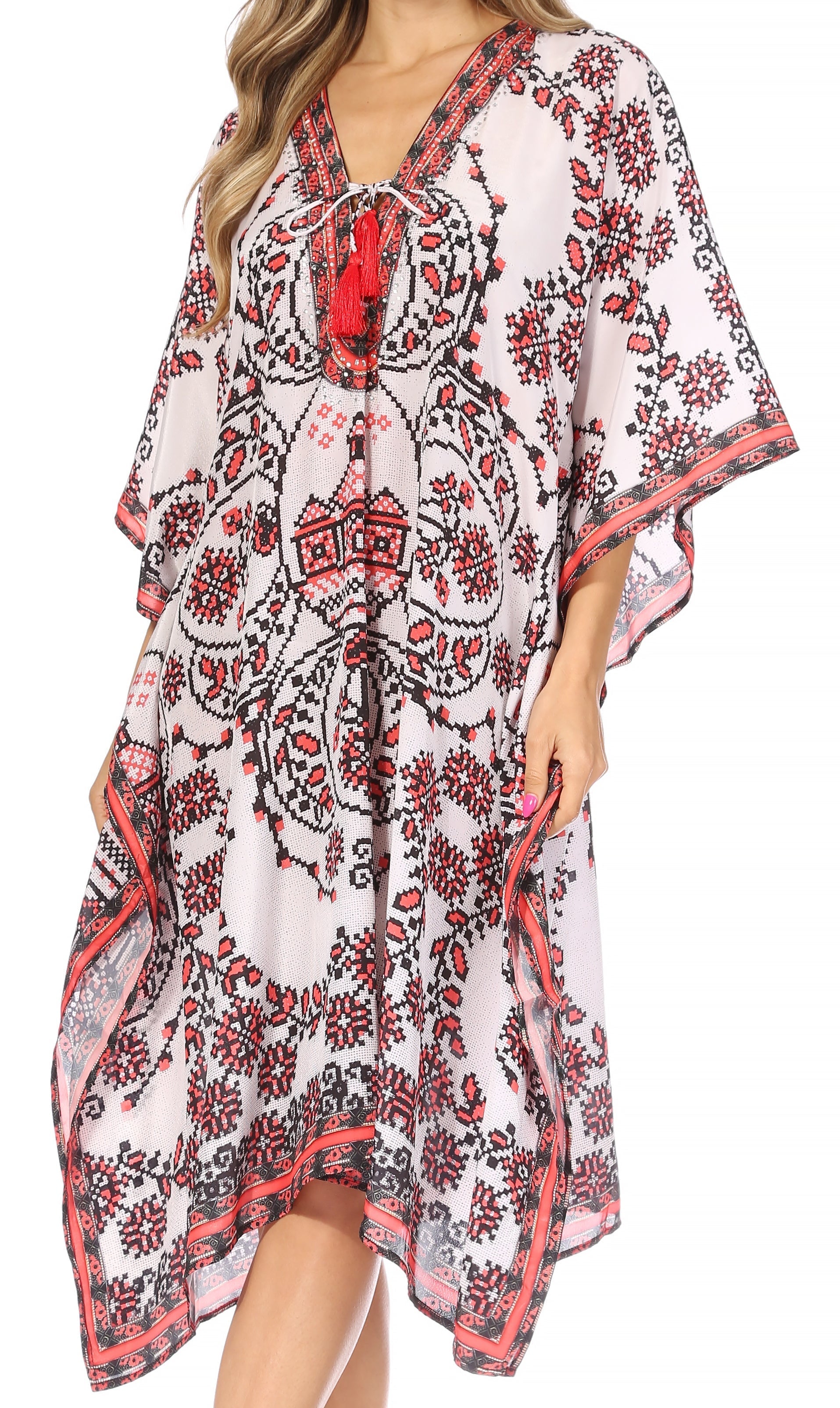 Sakkas Kristy Long Tall Lightweight Caftan Dress / Cover Up With V-Neck Jewels - Concordia Style Boutique