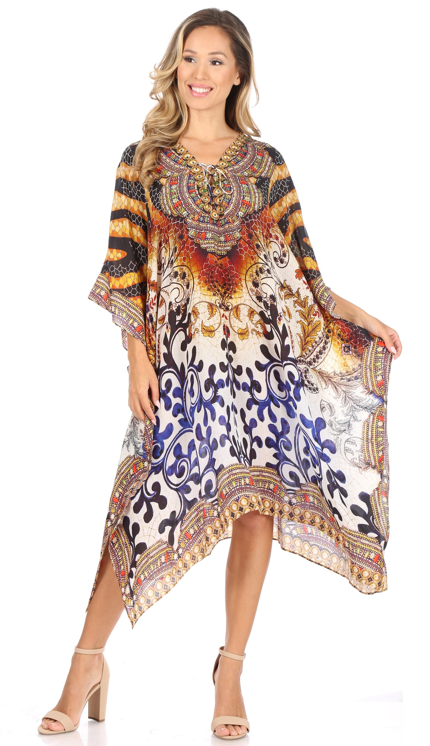 Sakkas Kristy Long Tall Lightweight Caftan Dress / Cover Up With V-Neck Jewels - Concordia Style Boutique