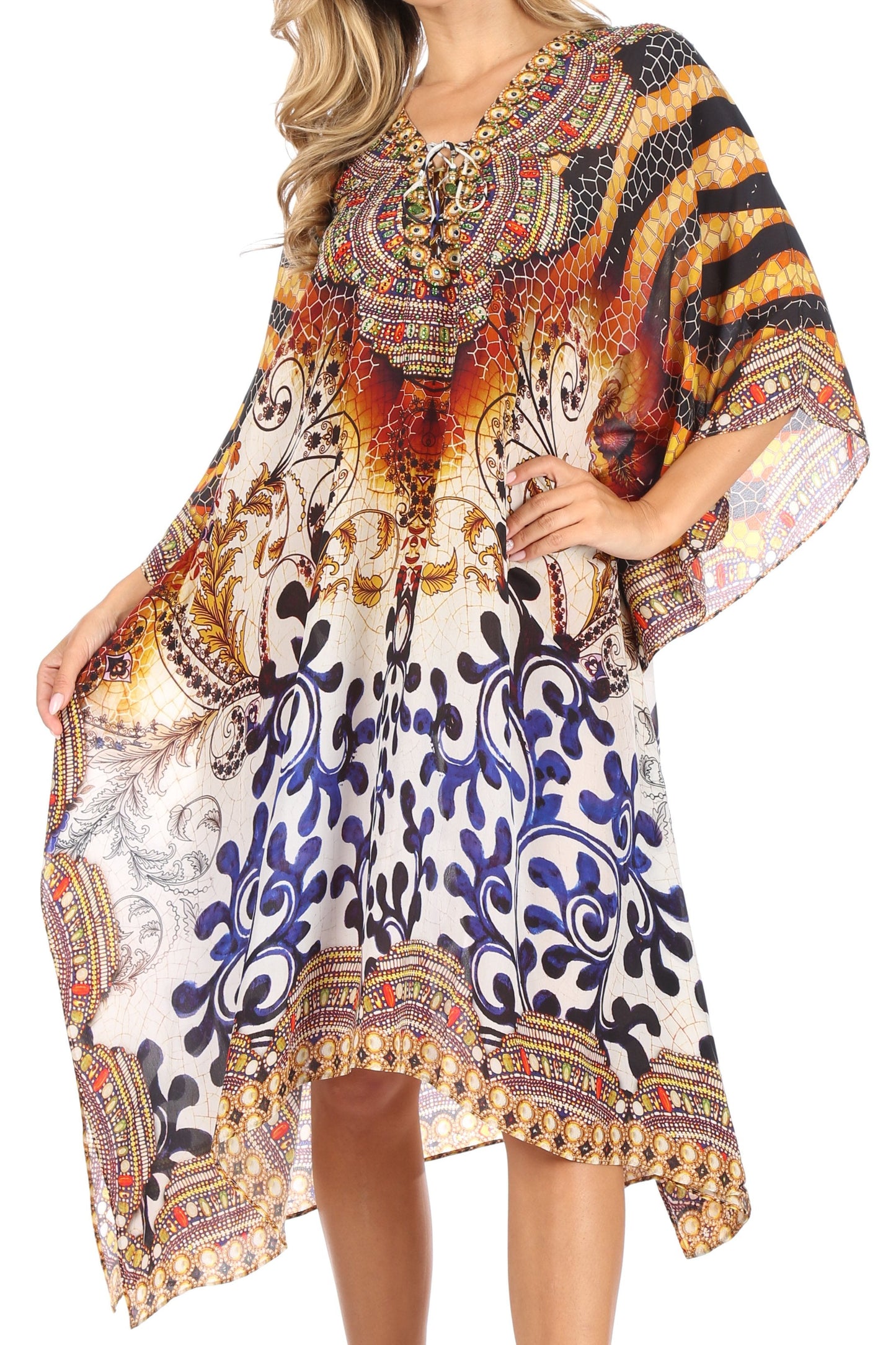 Sakkas Kristy Long Tall Lightweight Caftan Dress / Cover Up With V-Neck Jewels - Concordia Style Boutique