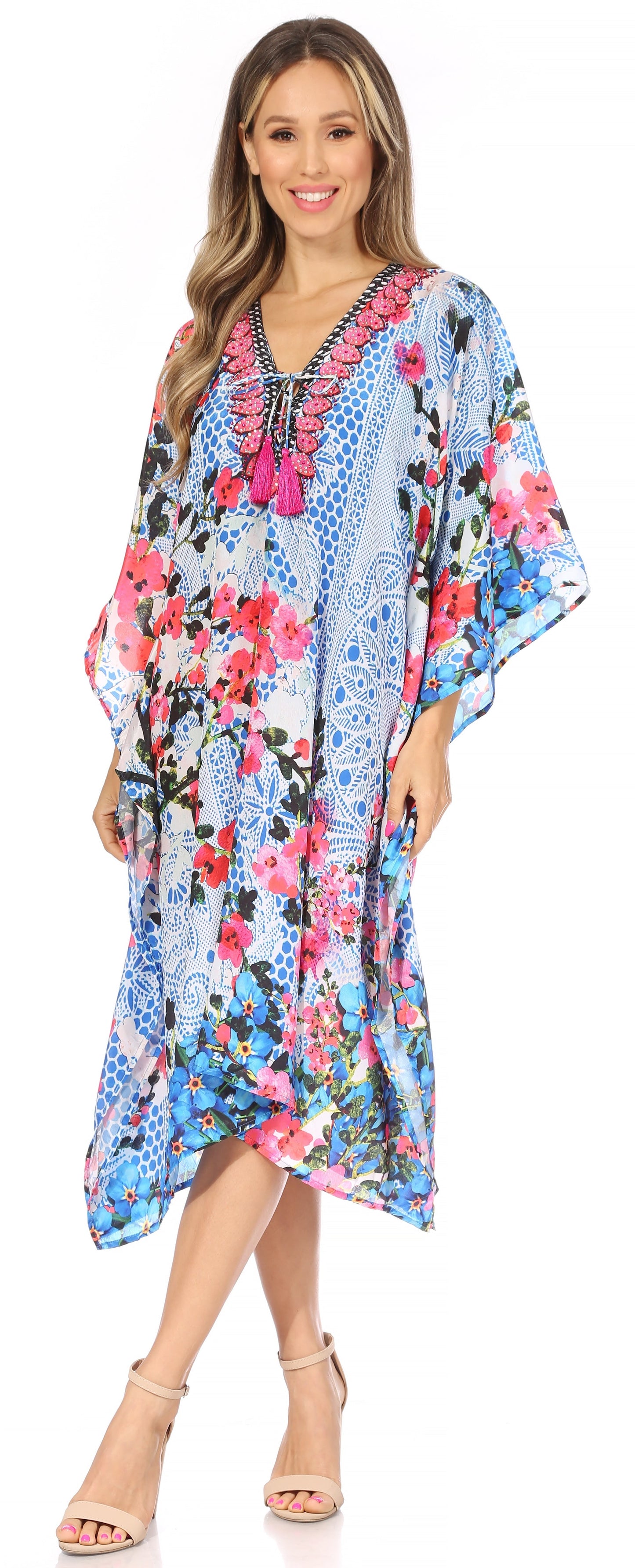 Sakkas Kristy Long Tall Lightweight Caftan Dress / Cover Up With V-Neck Jewels - Concordia Style Boutique