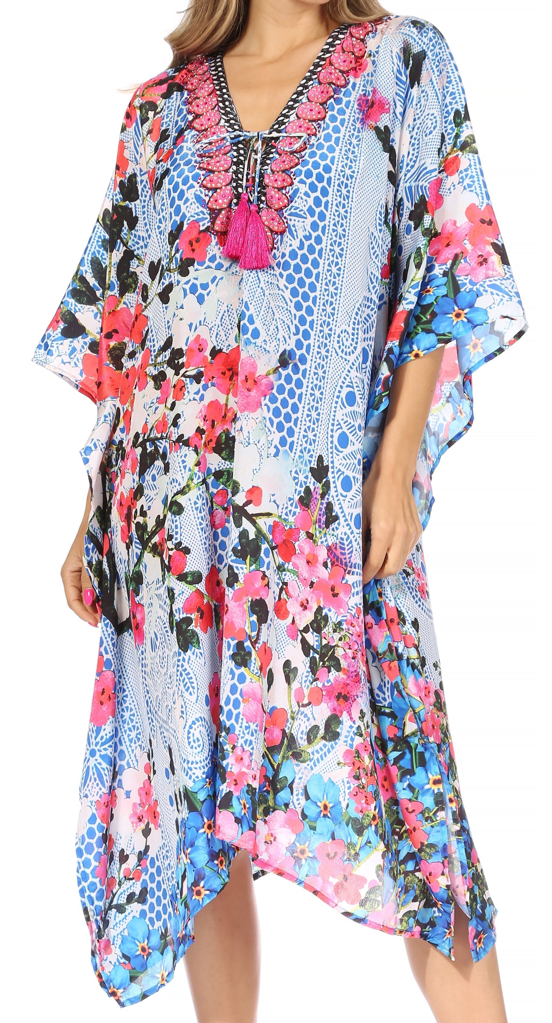 Sakkas Kristy Long Tall Lightweight Caftan Dress / Cover Up With V-Neck Jewels - Concordia Style Boutique