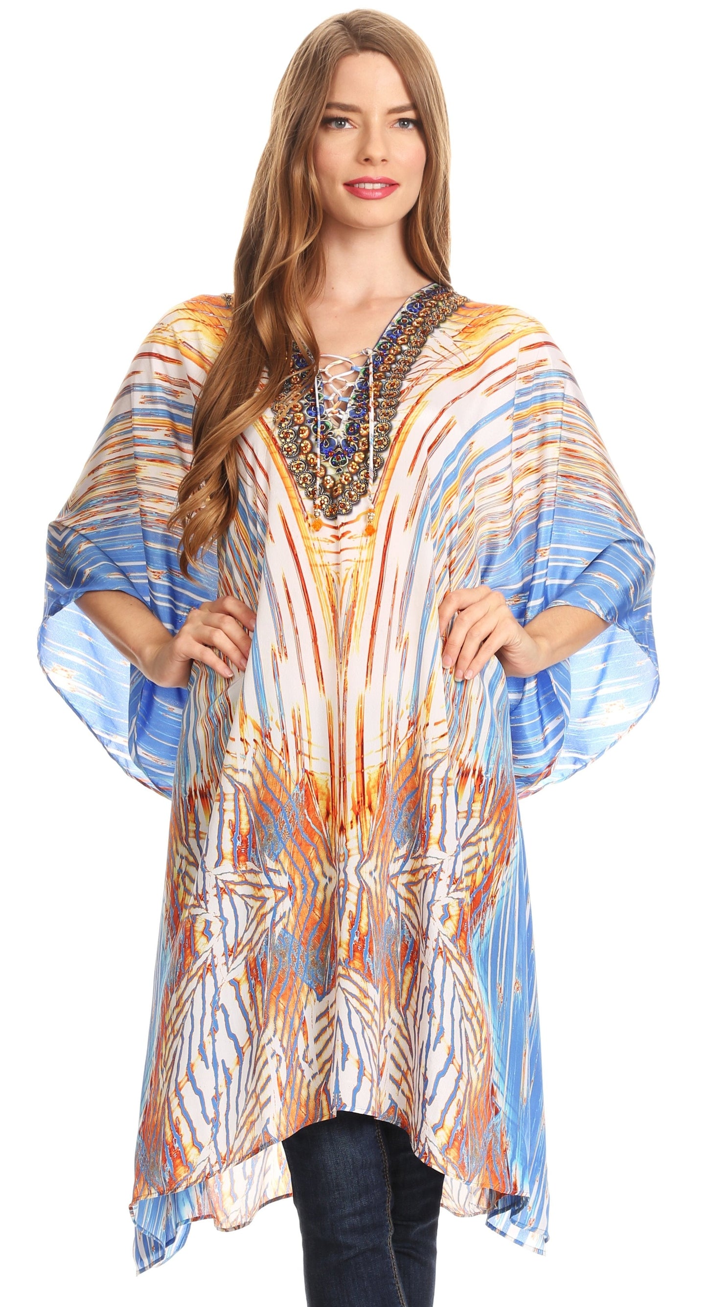 Sakkas Kristy Long Tall Lightweight Caftan Dress / Cover Up With V-Neck Jewels - Concordia Style Boutique