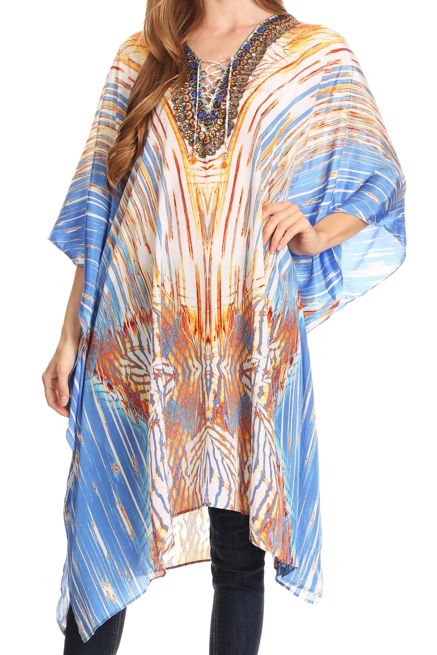 Sakkas Kristy Long Tall Lightweight Caftan Dress / Cover Up With V-Neck Jewels - Concordia Style Boutique