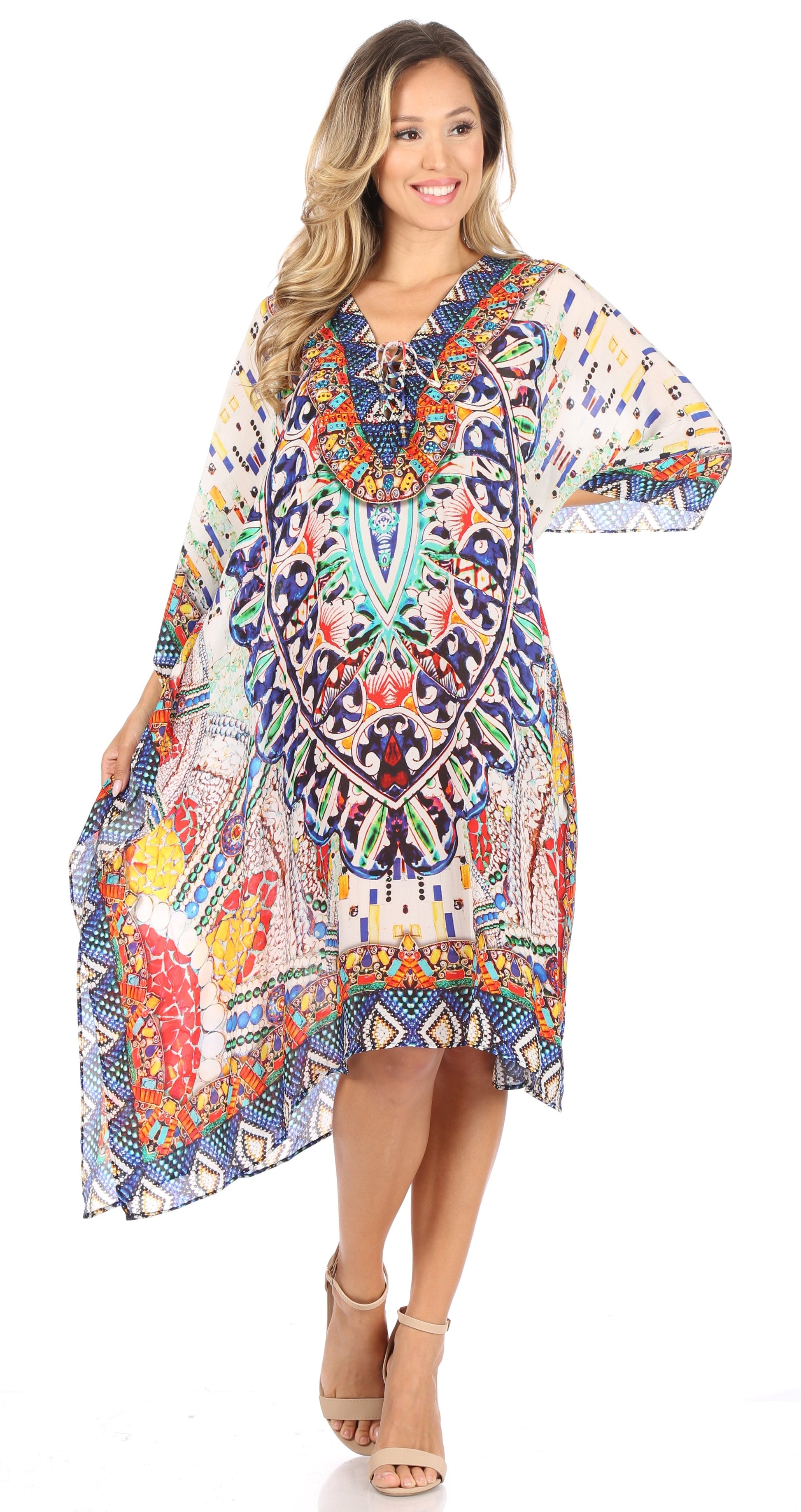 Sakkas Kristy Long Tall Lightweight Caftan Dress / Cover Up With V-Neck Jewels - Concordia Style Boutique