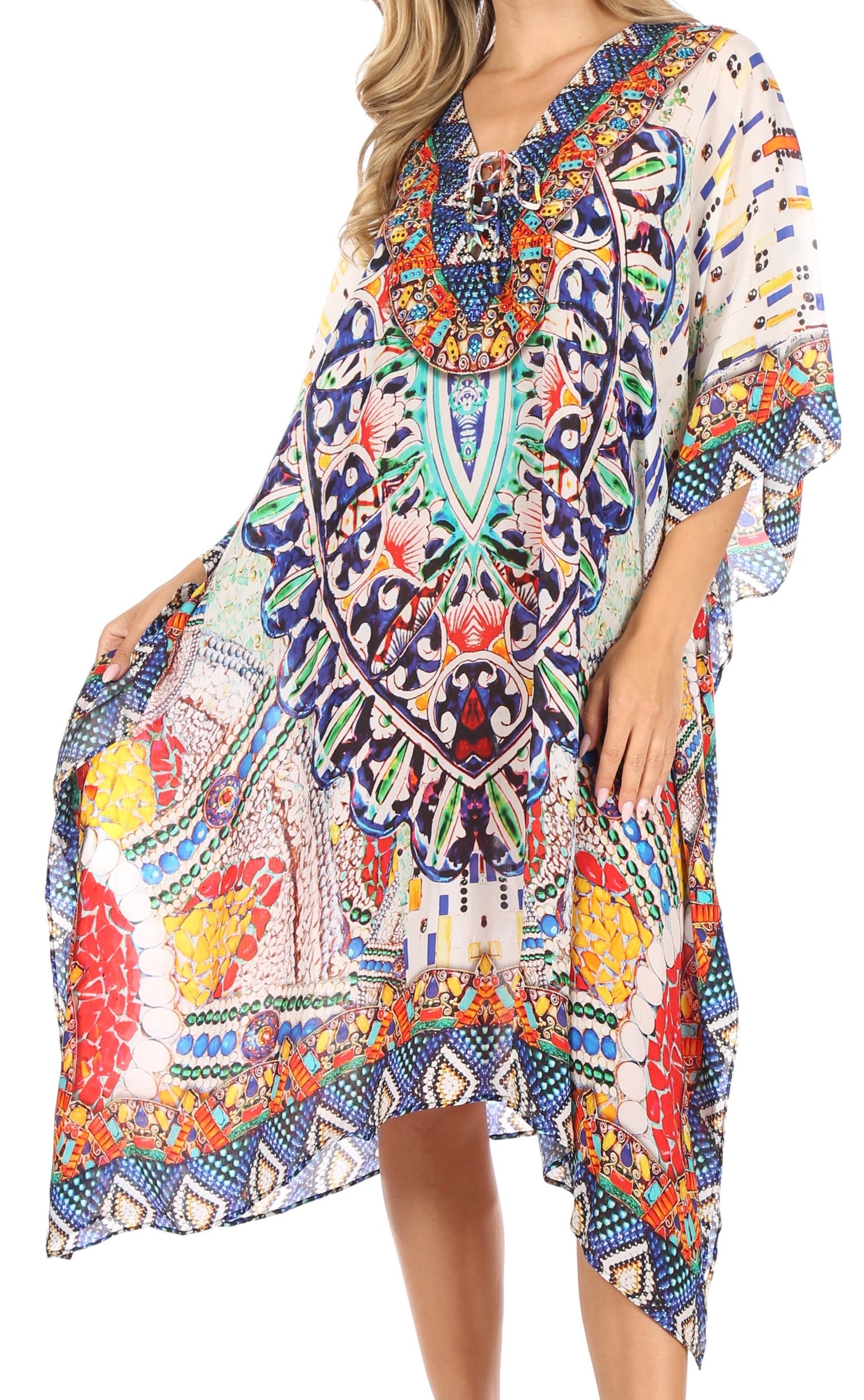 Sakkas Kristy Long Tall Lightweight Caftan Dress / Cover Up With V-Neck Jewels - Concordia Style Boutique