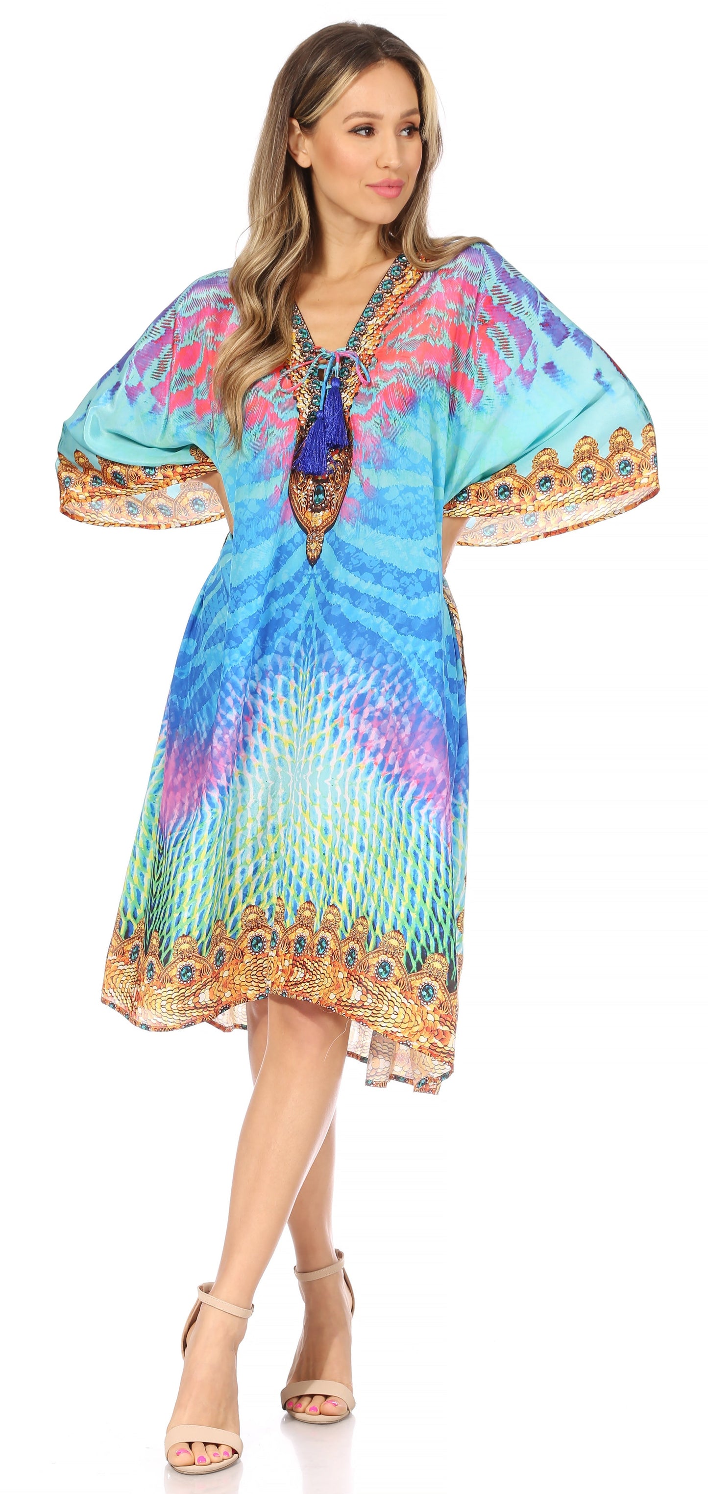Sakkas Kristy Long Tall Lightweight Caftan Dress / Cover Up With V-Neck Jewels - Concordia Style Boutique