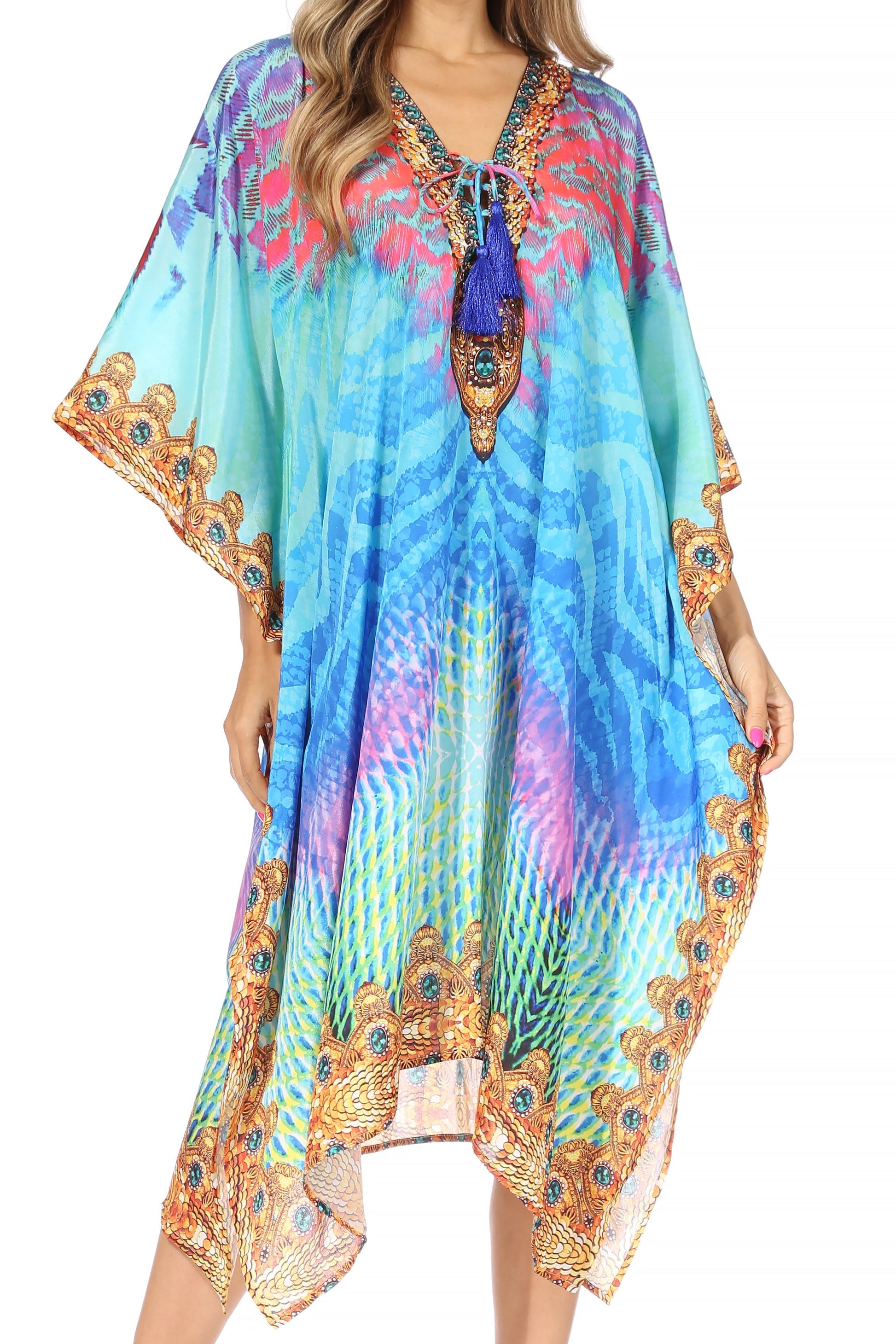 Sakkas Kristy Long Tall Lightweight Caftan Dress / Cover Up With V-Neck Jewels - Concordia Style Boutique