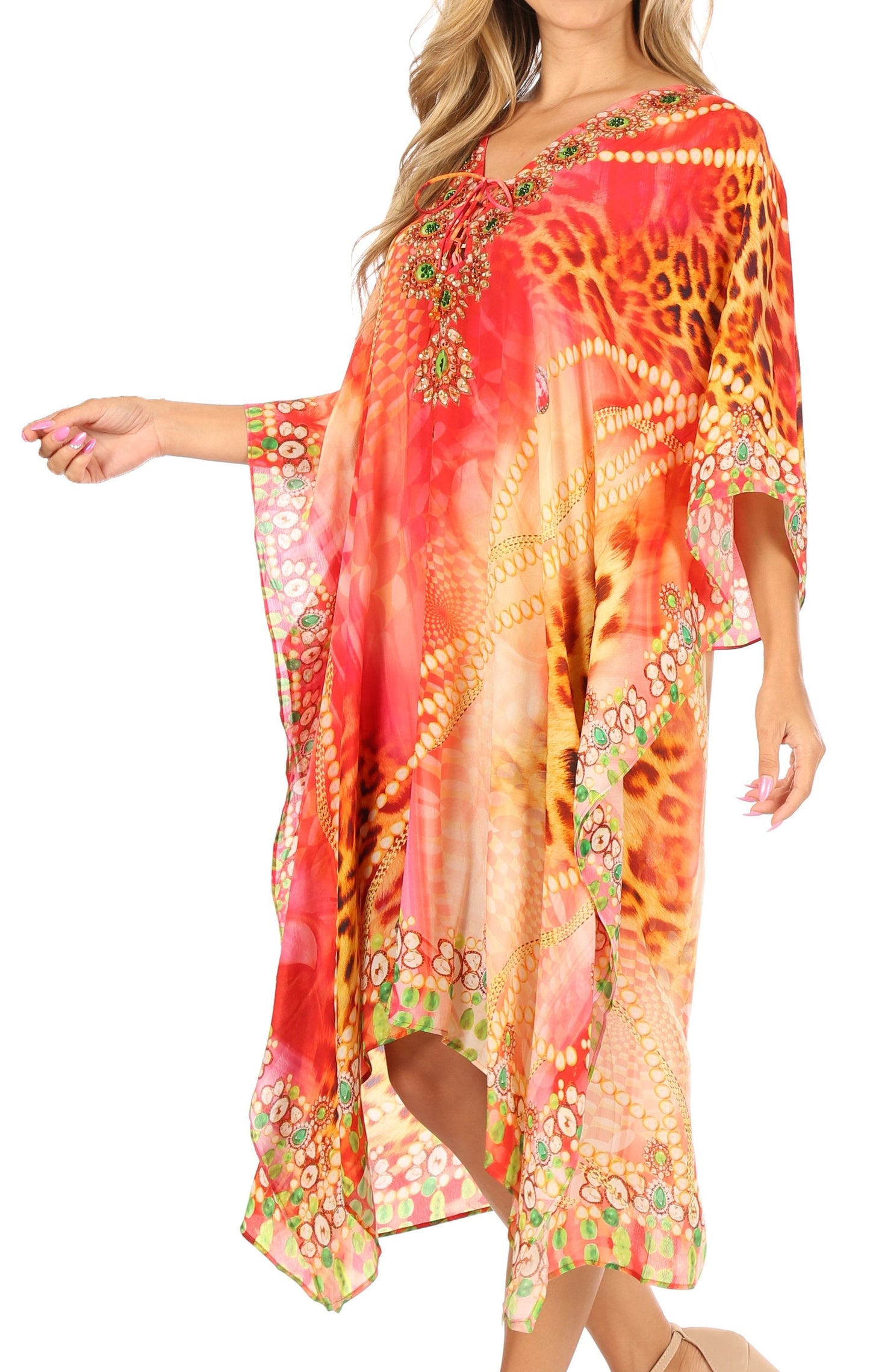 Sakkas Kristy Long Tall Lightweight Caftan Dress / Cover Up With V-Neck Jewels - Concordia Style Boutique