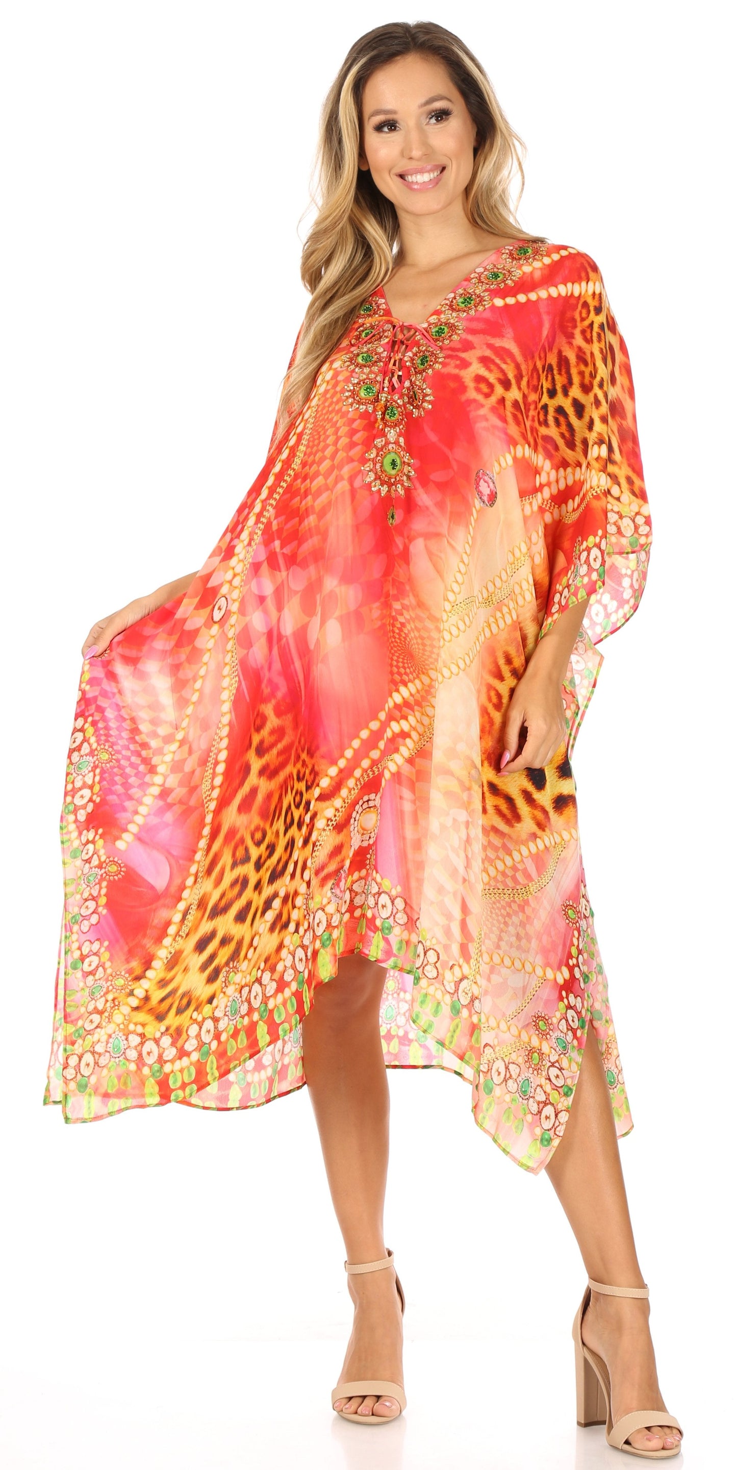 Sakkas Kristy Long Tall Lightweight Caftan Dress / Cover Up With V-Neck Jewels - Concordia Style Boutique