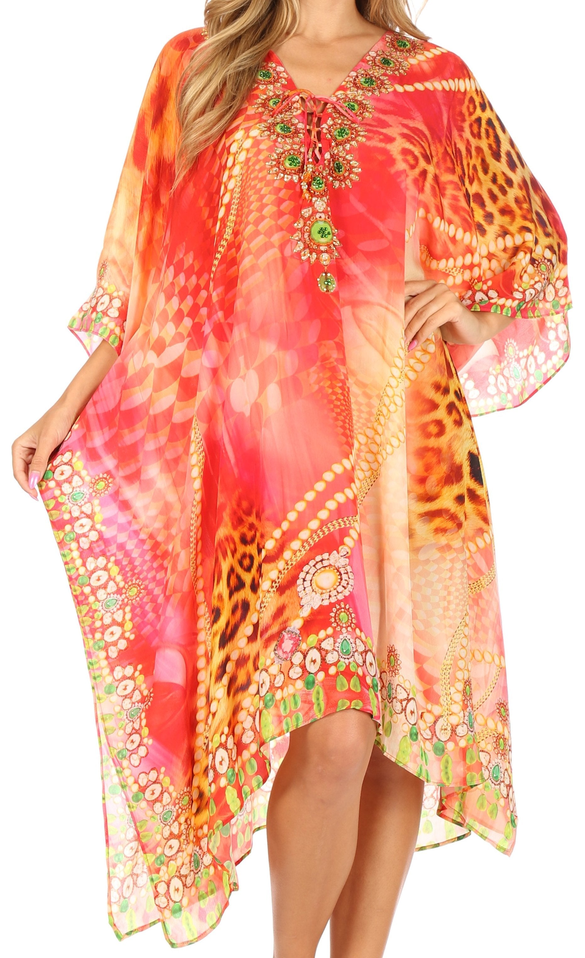 Sakkas Kristy Long Tall Lightweight Caftan Dress / Cover Up With V-Neck Jewels - Concordia Style Boutique