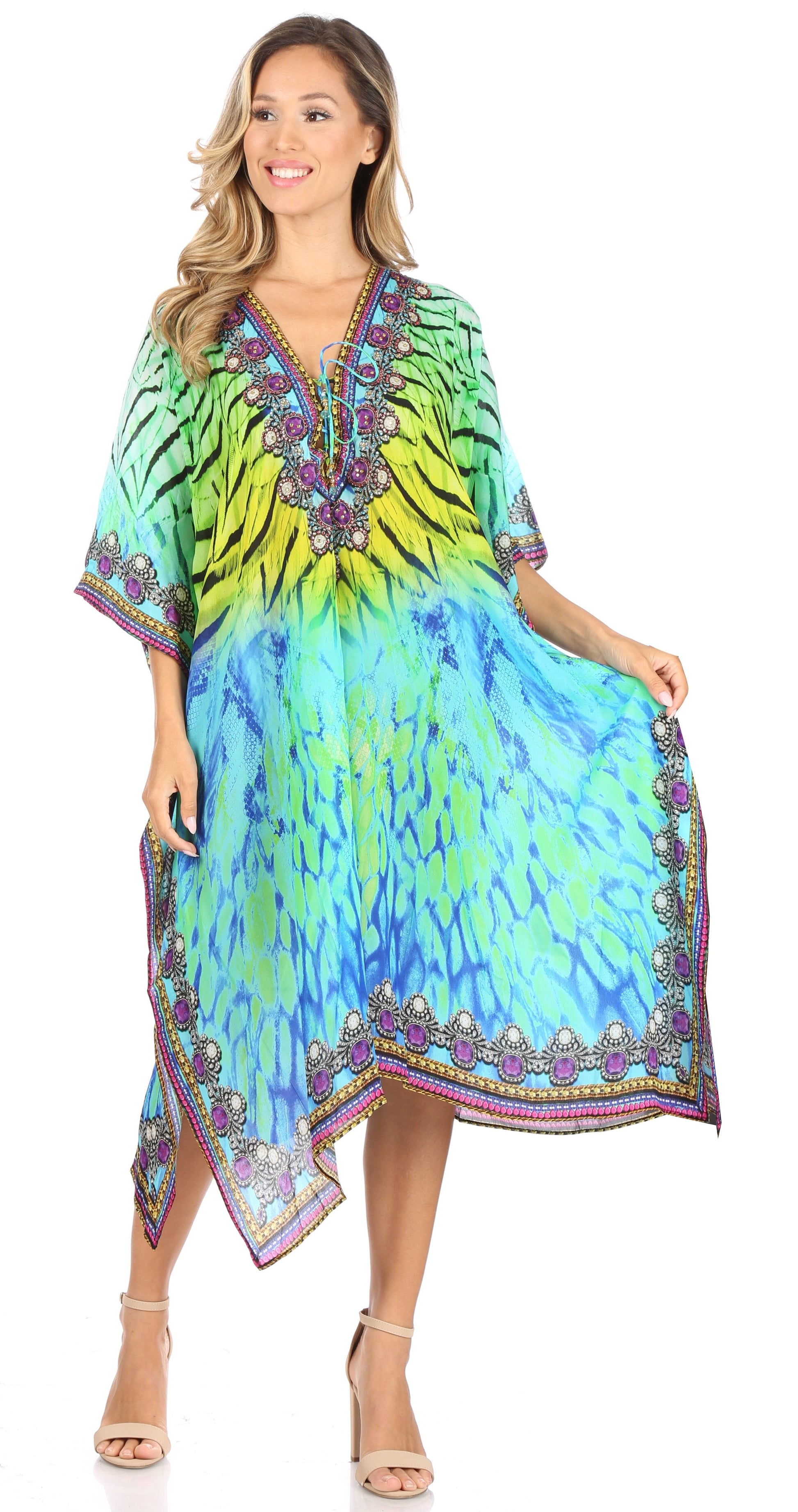 Sakkas Kristy Long Tall Lightweight Caftan Dress / Cover Up With V-Neck Jewels - Concordia Style Boutique
