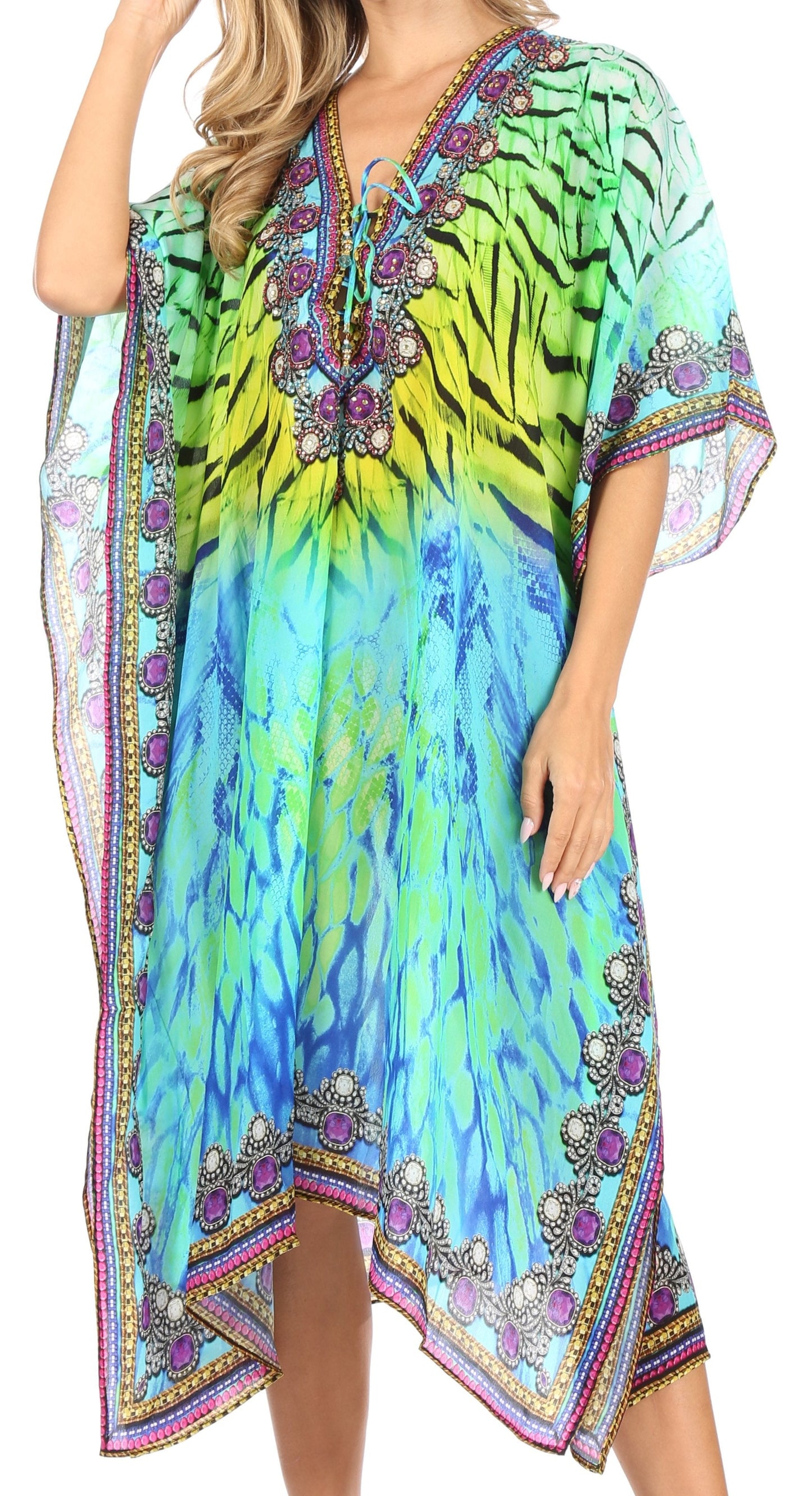 Sakkas Kristy Long Tall Lightweight Caftan Dress / Cover Up With V-Neck Jewels - Concordia Style Boutique
