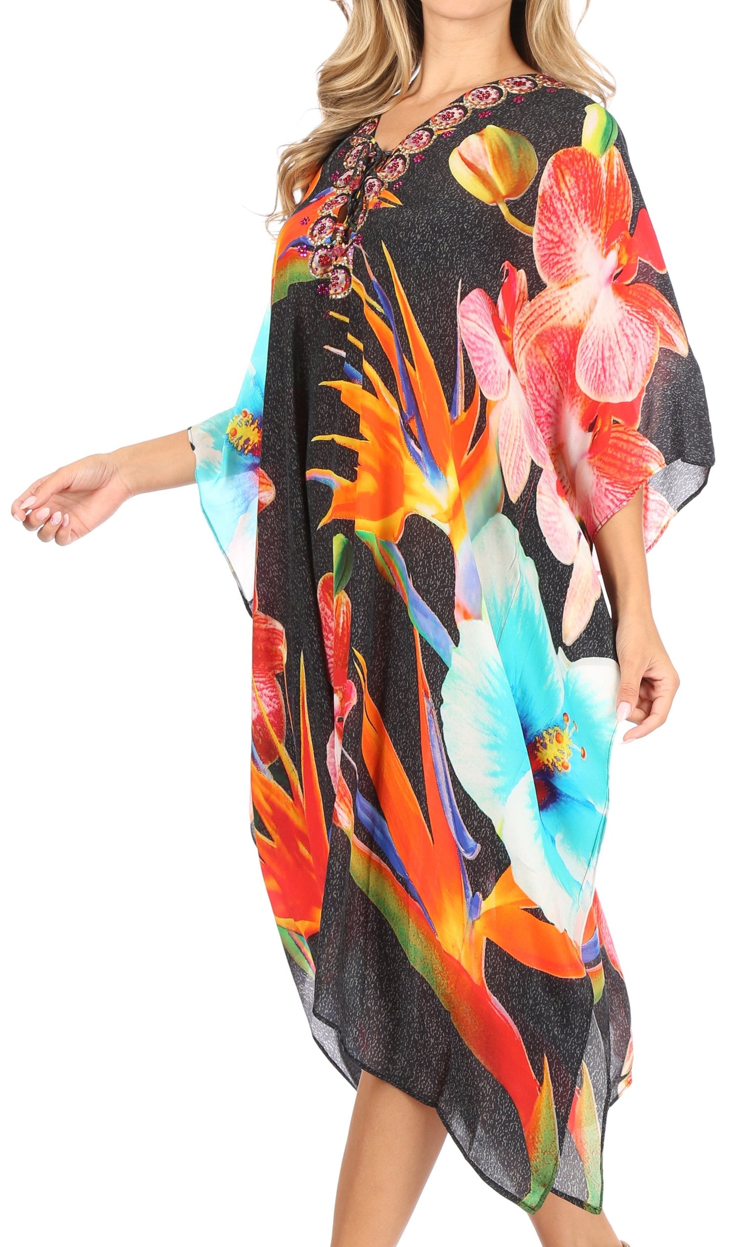 Sakkas Kristy Long Tall Lightweight Caftan Dress / Cover Up With V-Neck Jewels - Concordia Style Boutique