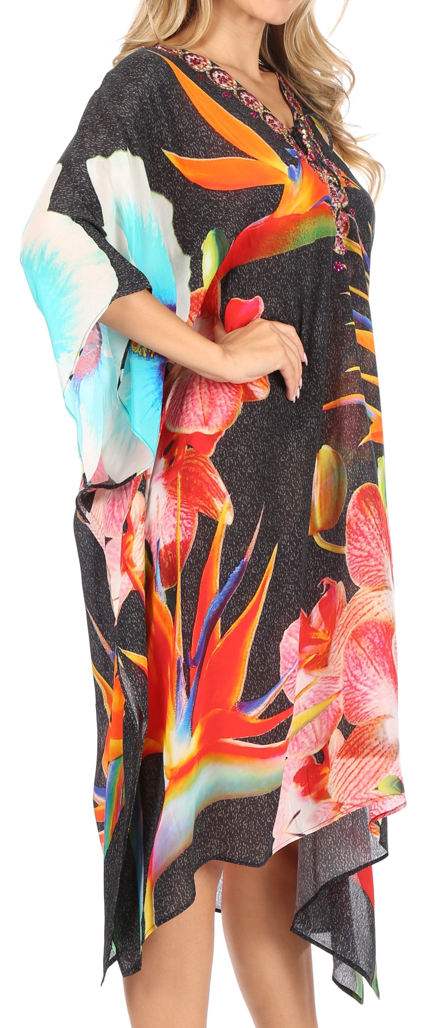 Sakkas Kristy Long Tall Lightweight Caftan Dress / Cover Up With V-Neck Jewels - Concordia Style Boutique