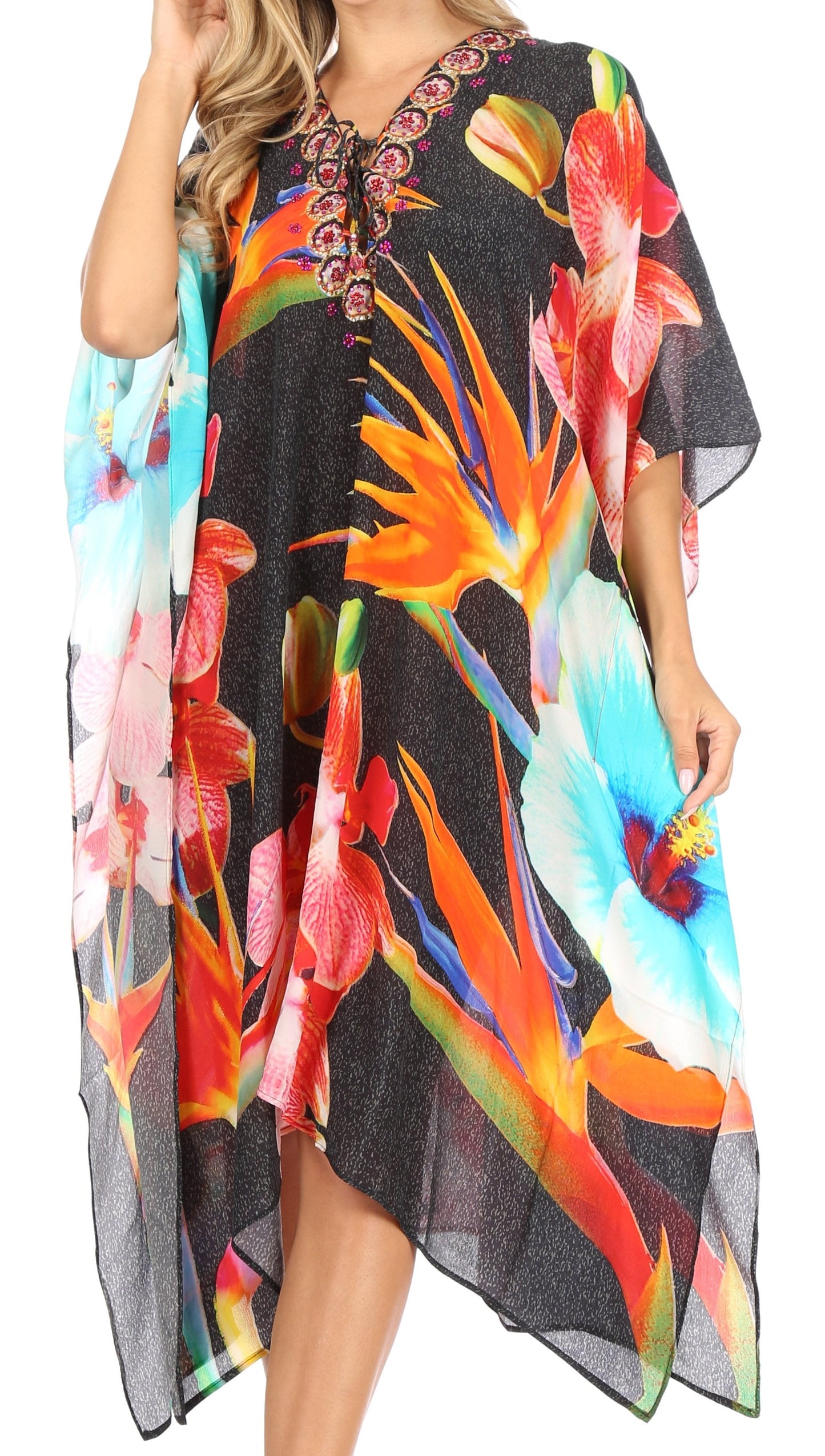 Sakkas Kristy Long Tall Lightweight Caftan Dress / Cover Up With V-Neck Jewels - Concordia Style Boutique