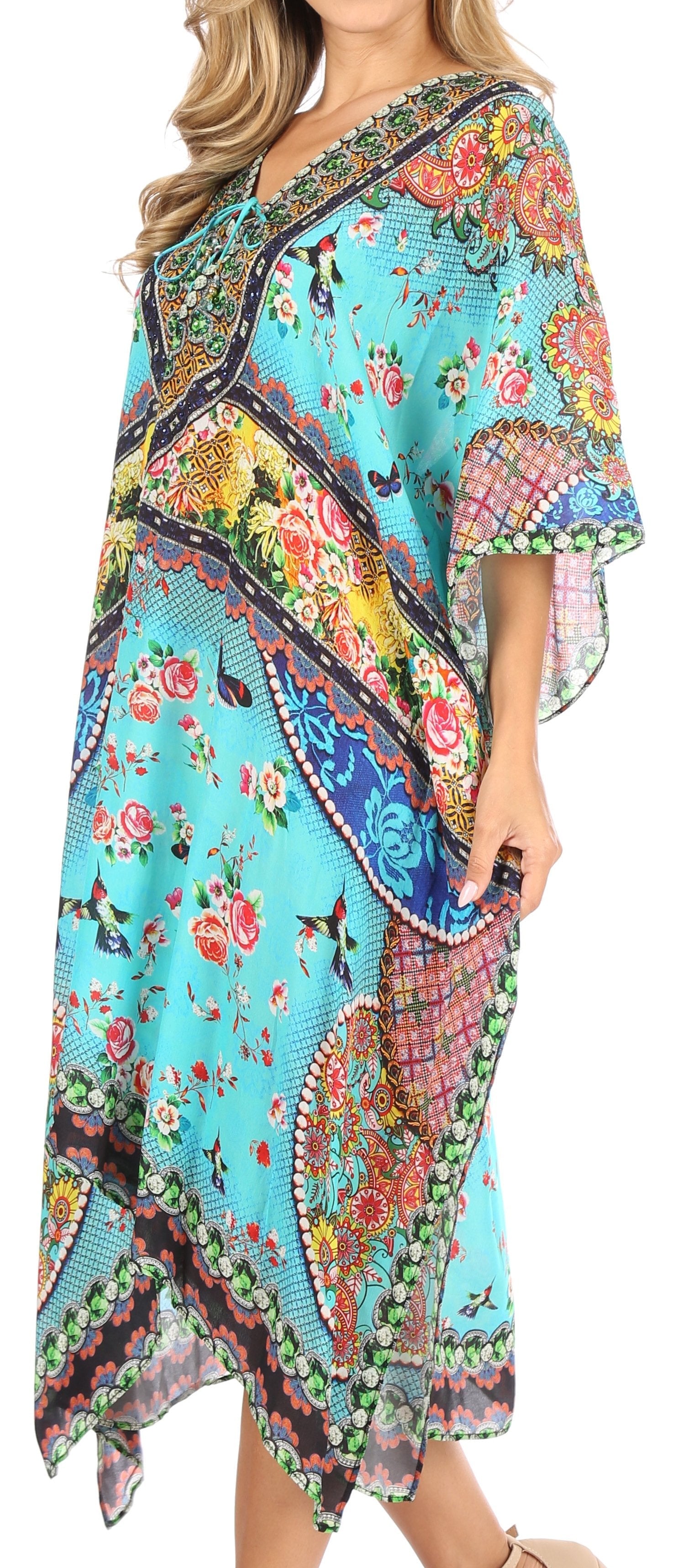 Sakkas Kristy Long Tall Lightweight Caftan Dress / Cover Up With V-Neck Jewels - Concordia Style Boutique
