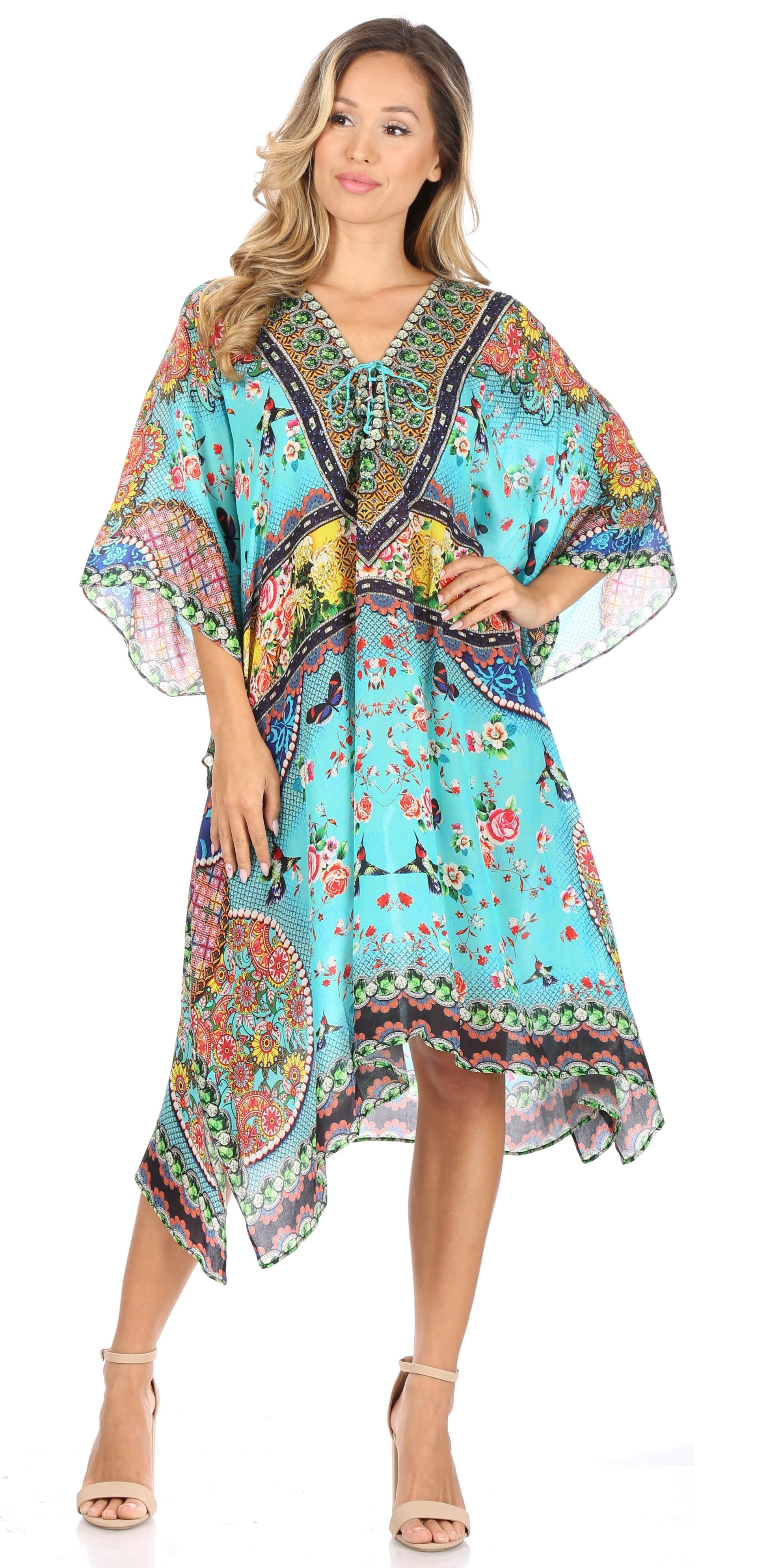 Sakkas Kristy Long Tall Lightweight Caftan Dress / Cover Up With V-Neck Jewels - Concordia Style Boutique