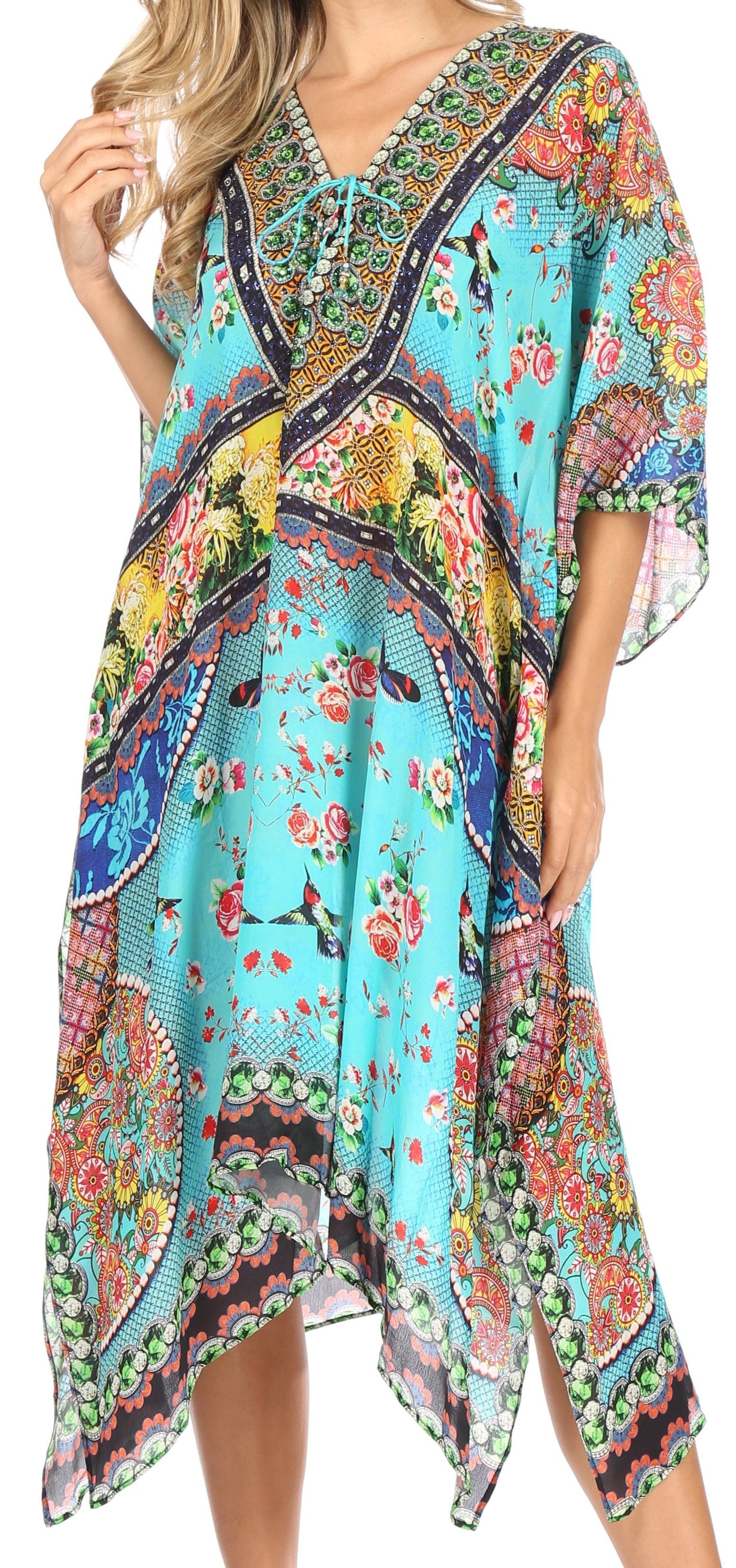 Sakkas Kristy Long Tall Lightweight Caftan Dress / Cover Up With V-Neck Jewels - Concordia Style Boutique