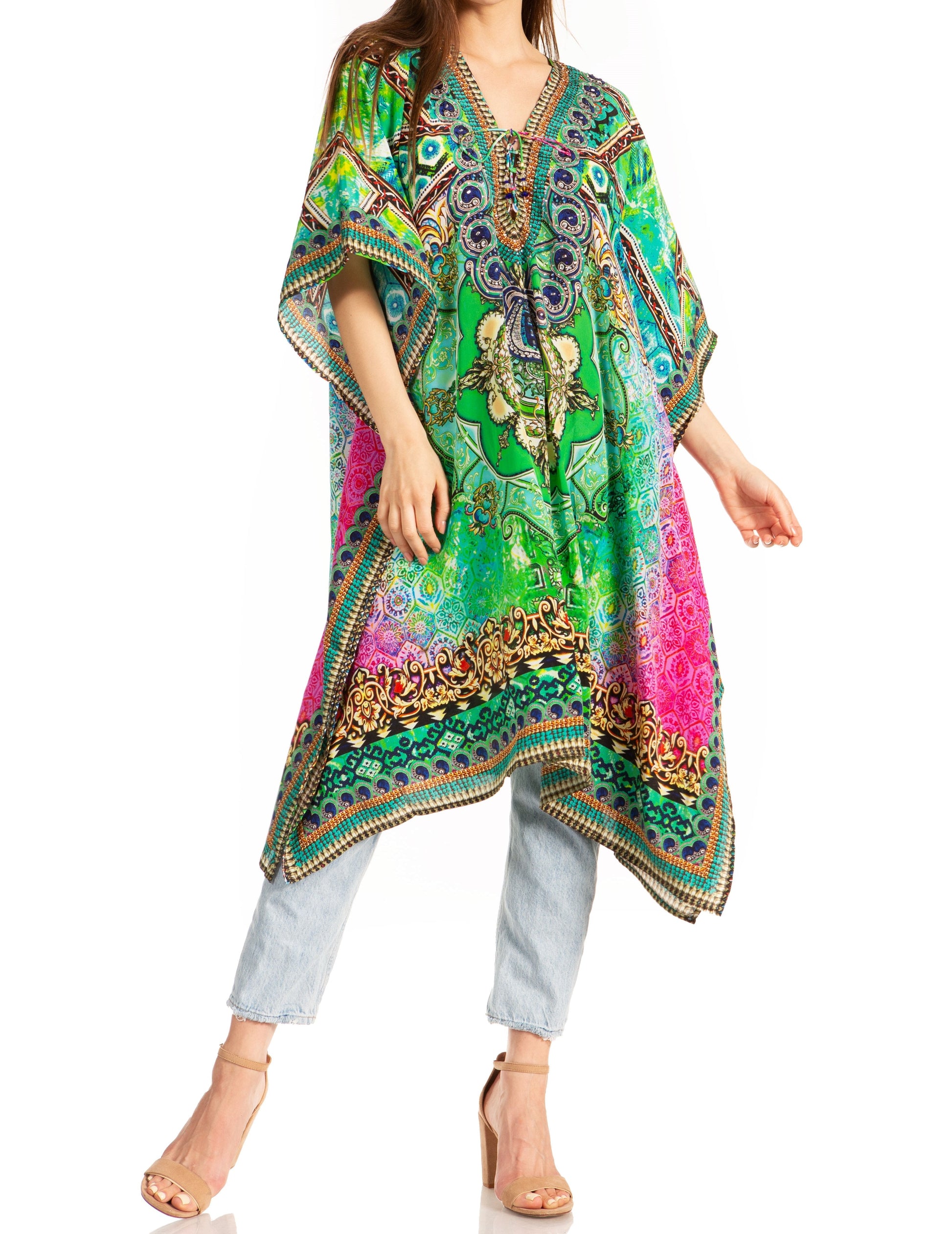 Sakkas Kristy Long Tall Lightweight Caftan Dress / Cover Up With V-Neck Jewels - Concordia Style Boutique