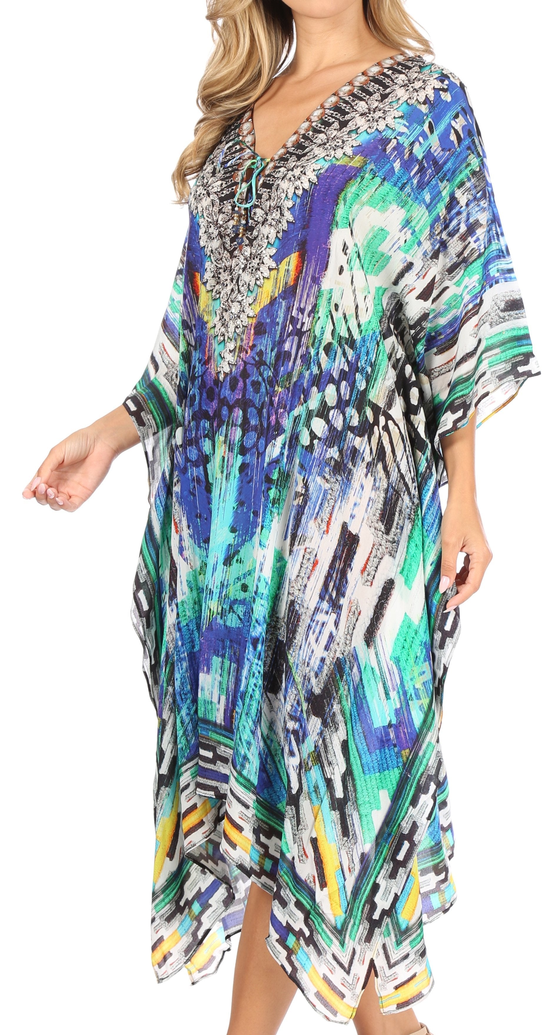 Sakkas Kristy Long Tall Lightweight Caftan Dress / Cover Up With V-Neck Jewels - Concordia Style Boutique