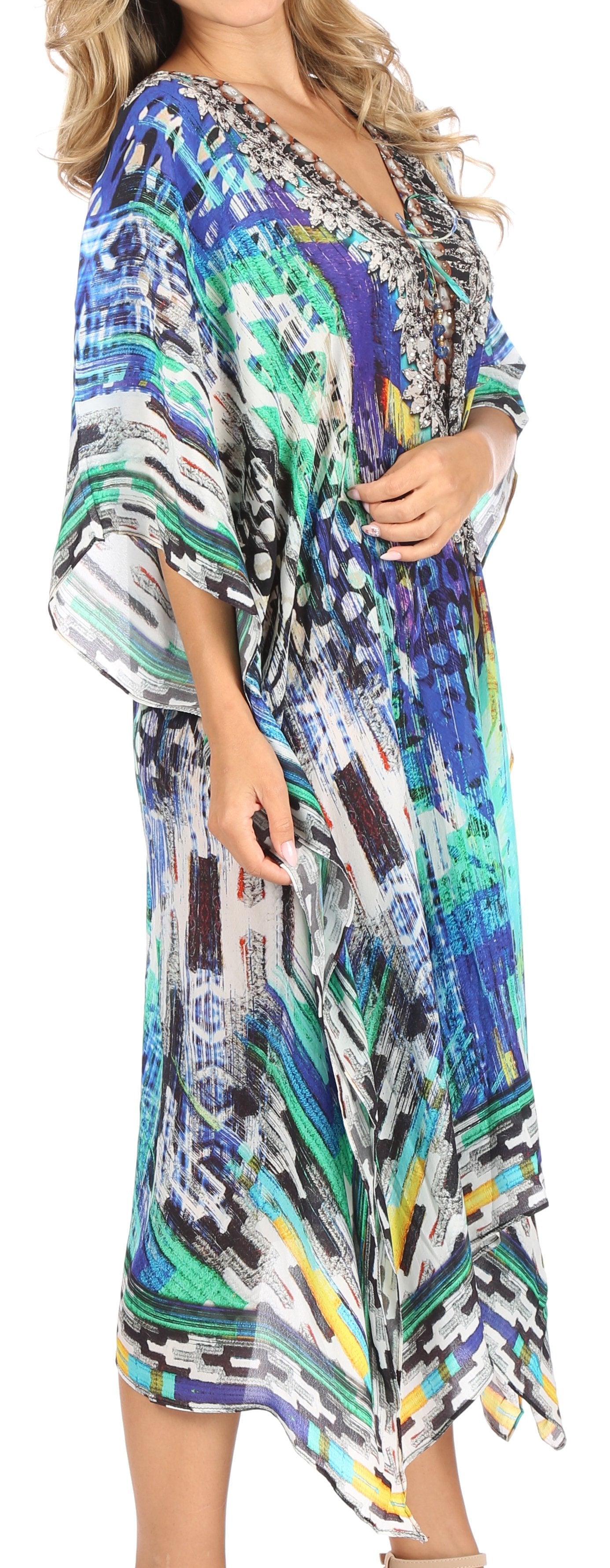 Sakkas Kristy Long Tall Lightweight Caftan Dress / Cover Up With V-Neck Jewels - Concordia Style Boutique