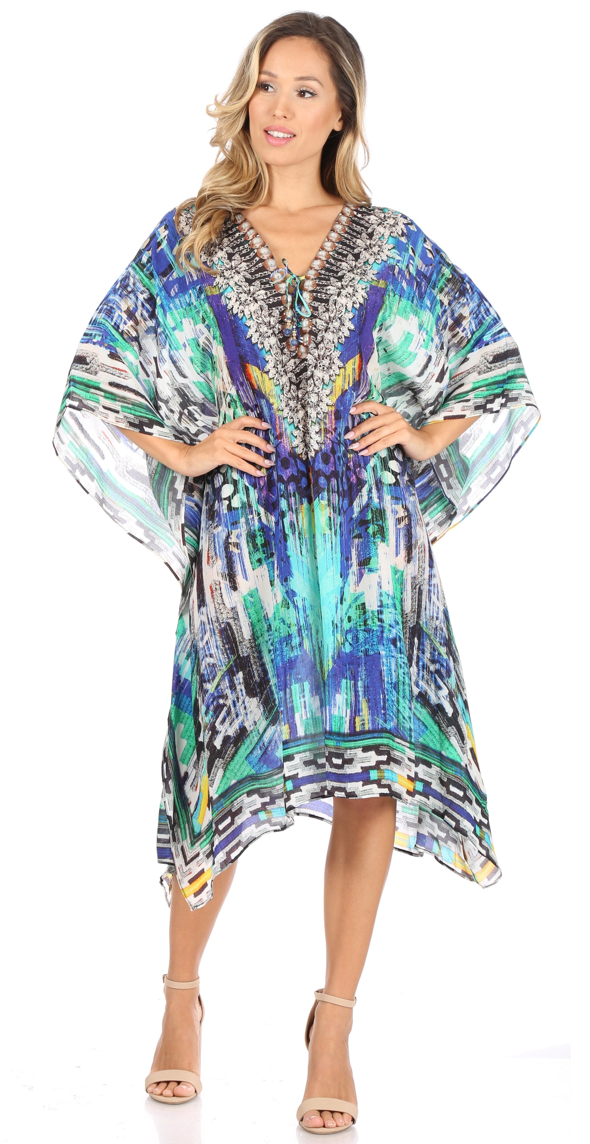 Sakkas Kristy Long Tall Lightweight Caftan Dress / Cover Up With V-Neck Jewels - Concordia Style Boutique