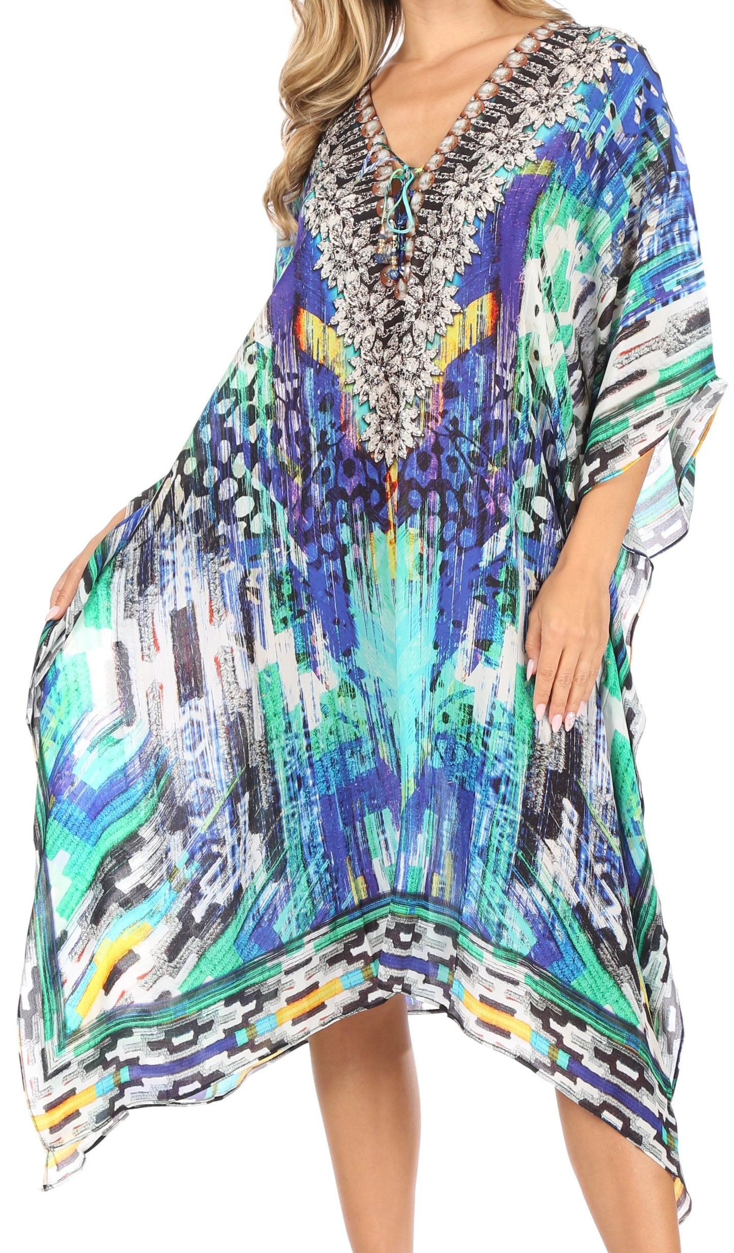 Sakkas Kristy Long Tall Lightweight Caftan Dress / Cover Up With V-Neck Jewels - Concordia Style Boutique
