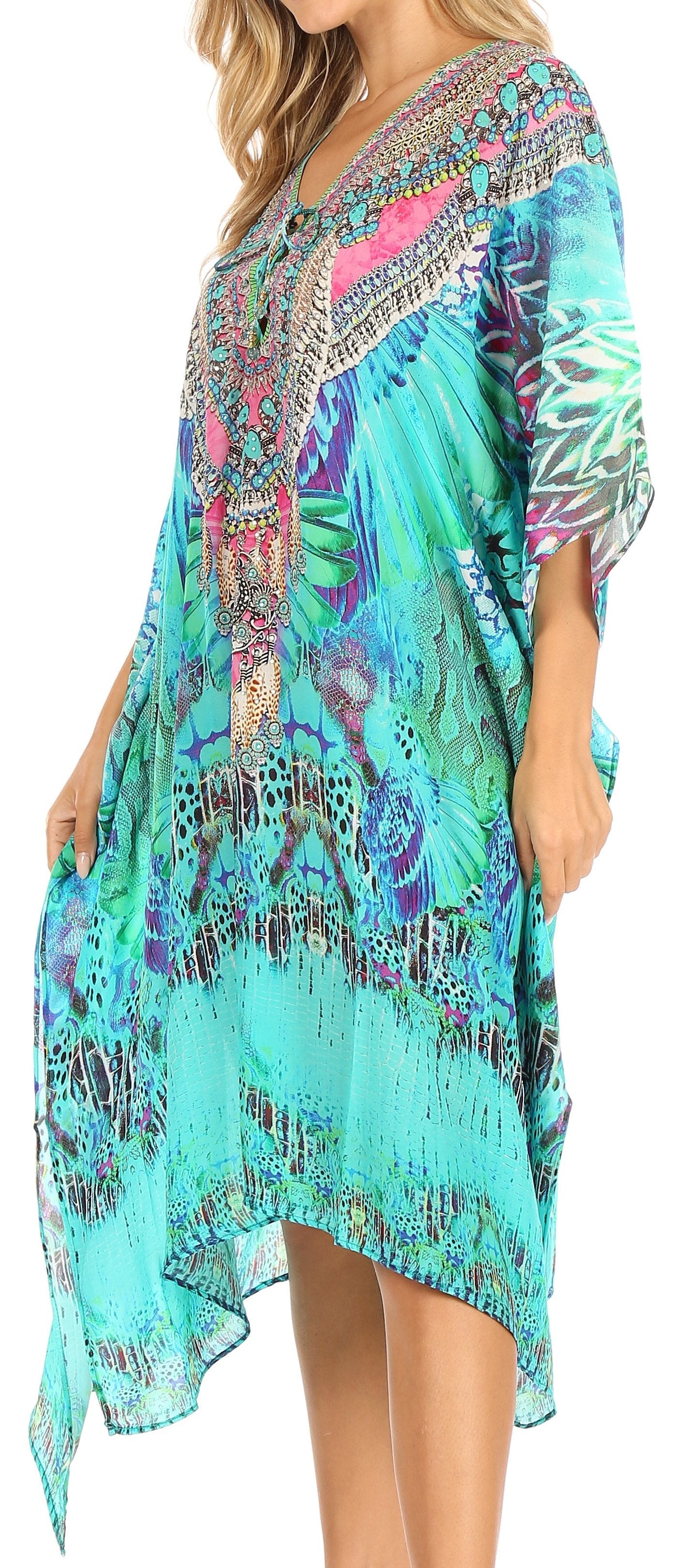 Sakkas Kristy Long Tall Lightweight Caftan Dress / Cover Up With V-Neck Jewels - Concordia Style Boutique