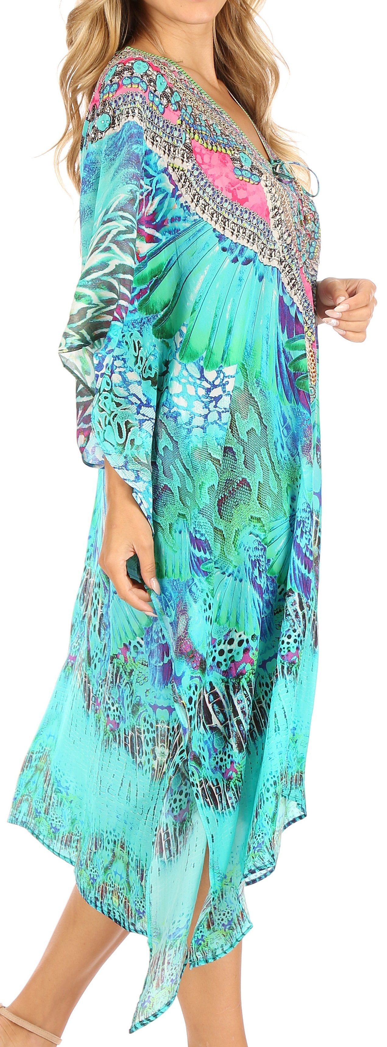 Sakkas Kristy Long Tall Lightweight Caftan Dress / Cover Up With V-Neck Jewels - Concordia Style Boutique