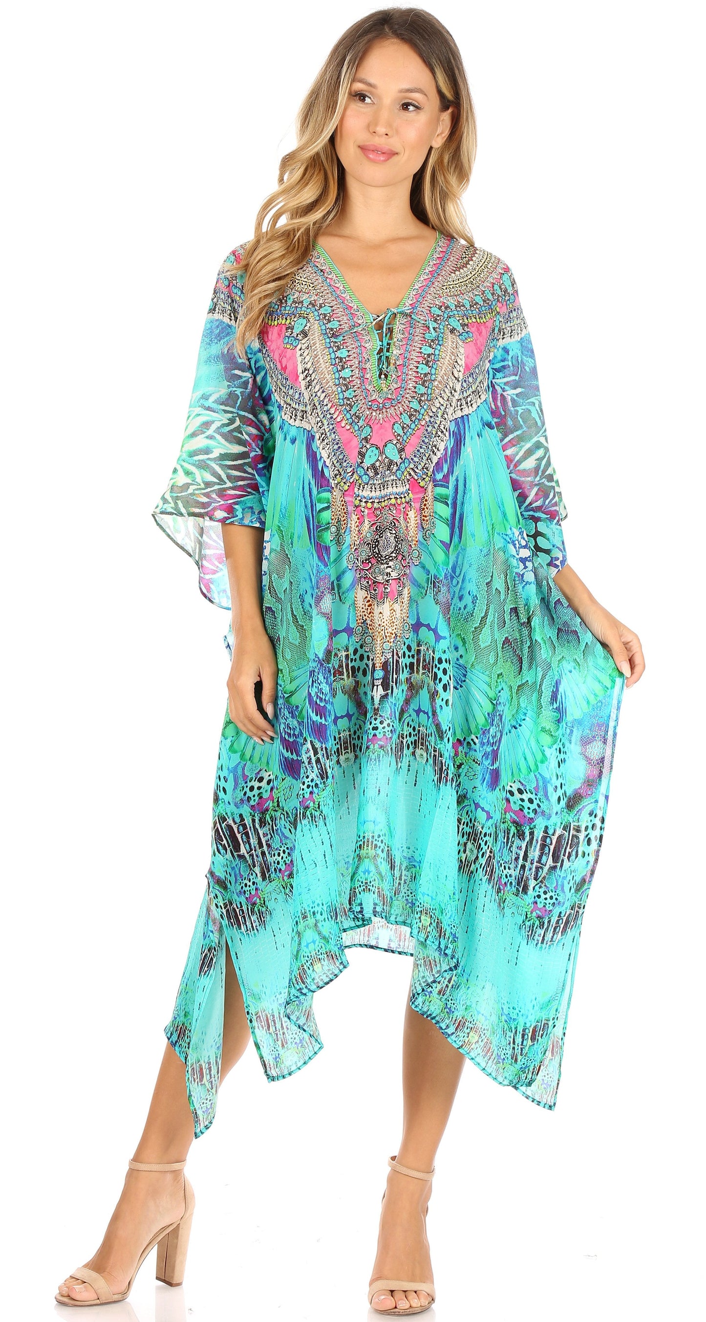 Sakkas Kristy Long Tall Lightweight Caftan Dress / Cover Up With V-Neck Jewels - Concordia Style Boutique