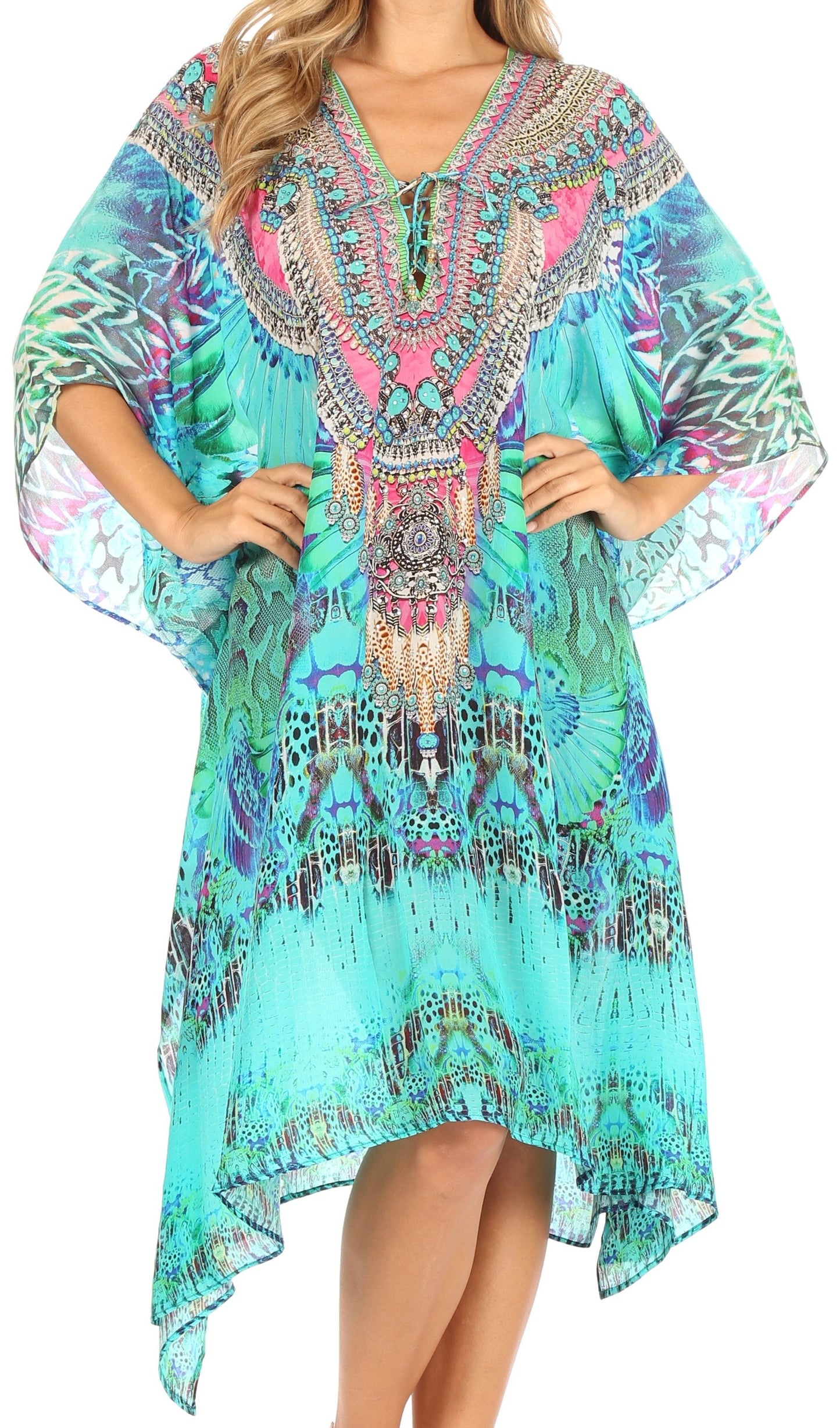 Sakkas Kristy Long Tall Lightweight Caftan Dress / Cover Up With V-Neck Jewels - Concordia Style Boutique