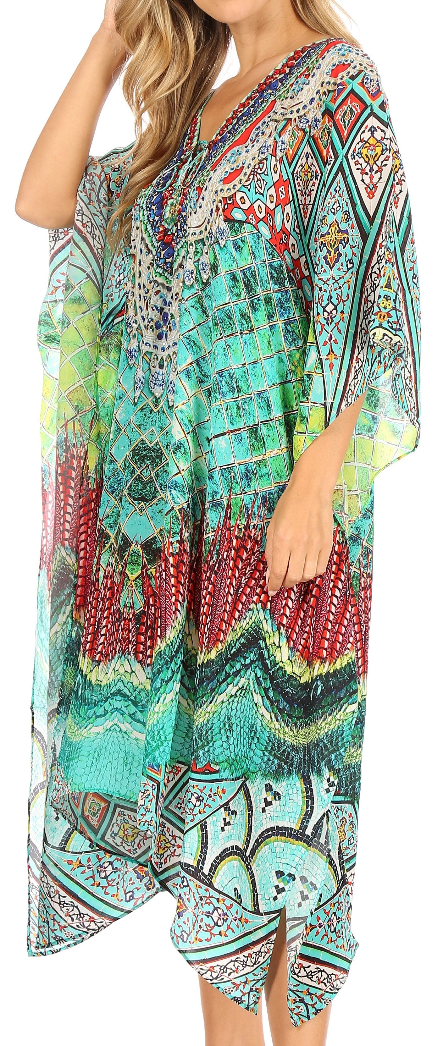 Sakkas Kristy Long Tall Lightweight Caftan Dress / Cover Up With V-Neck Jewels - Concordia Style Boutique